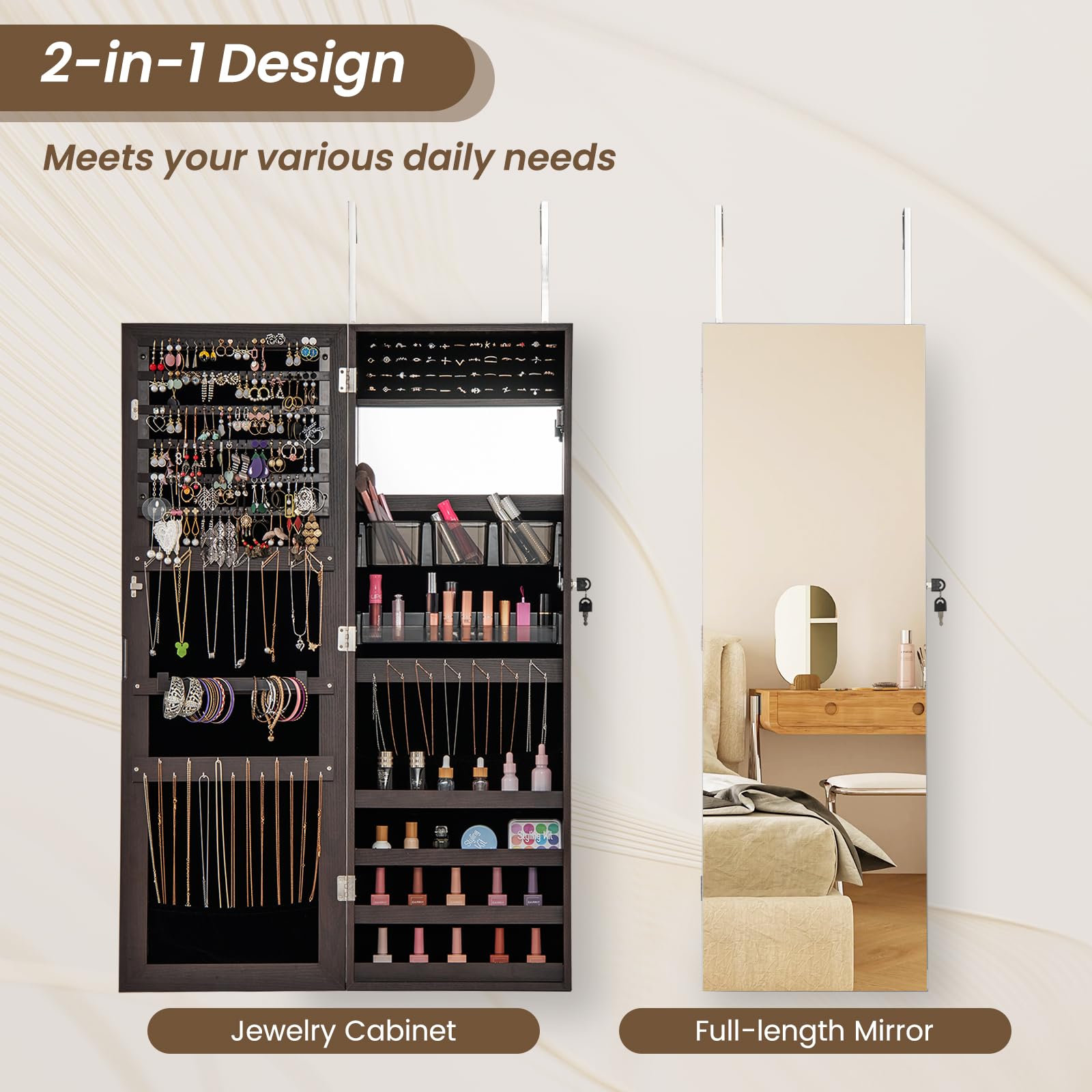 CHARMAID Jewelry Cabinet Wall or Door Mounted, Hanging Lockable Jewelry Armoire Storage with Full Length Mirror