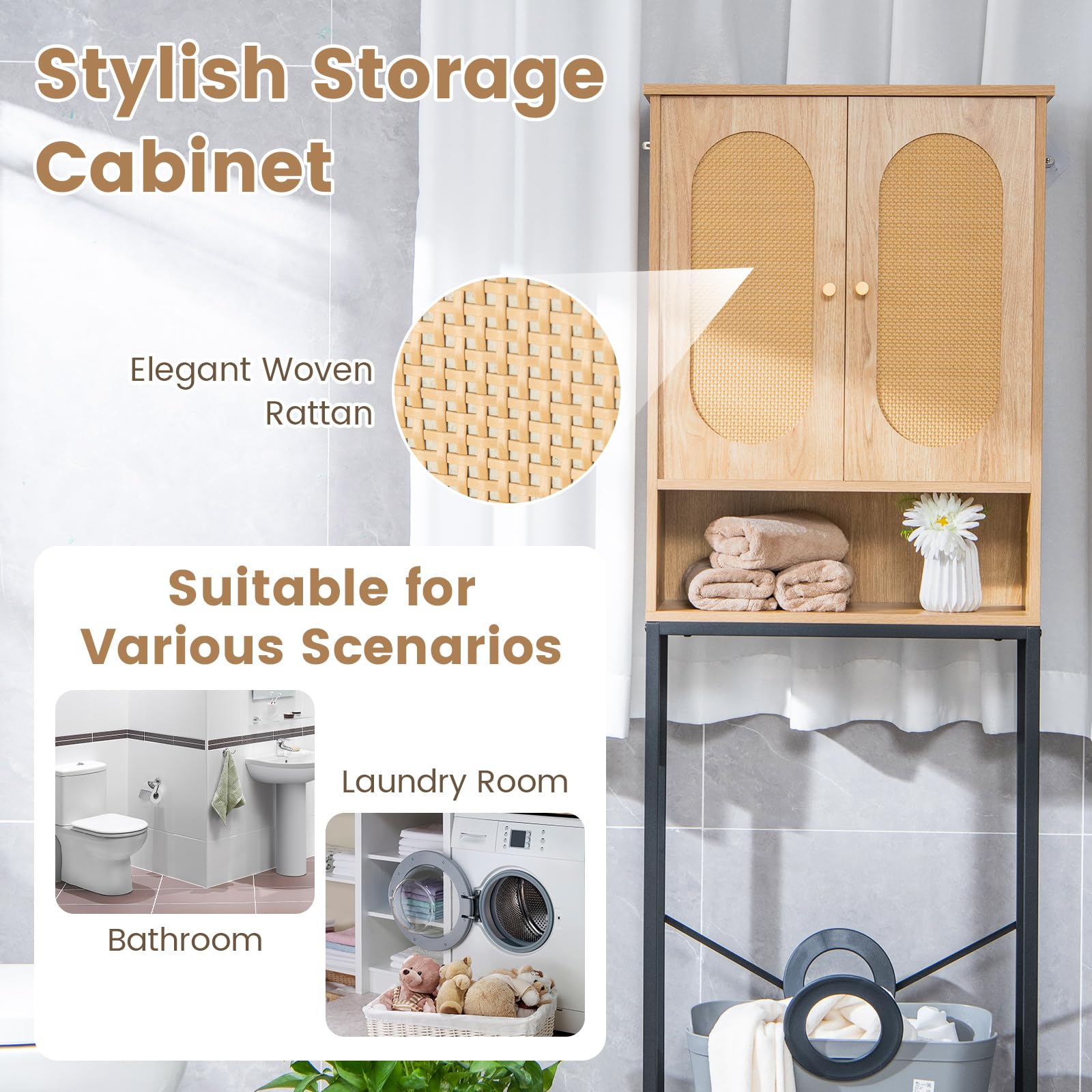 Giantex Over The Toilet Storage Cabinet - 69" Over Toilet Bathroom Organizer with Rattan Doors