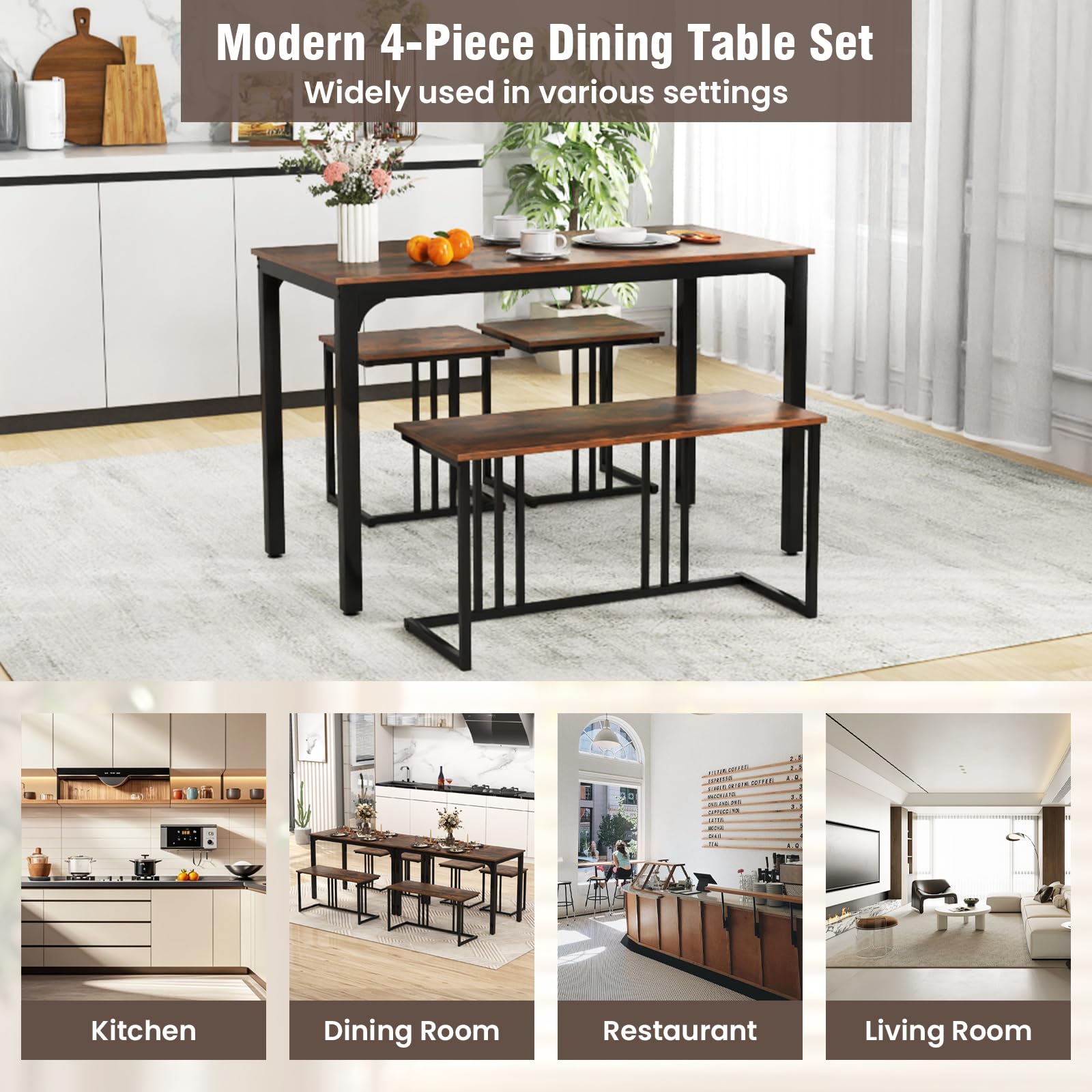Giantex Dining Table Set for 4 Industrial Kitchen Table 2 Chairs Stool & Bench