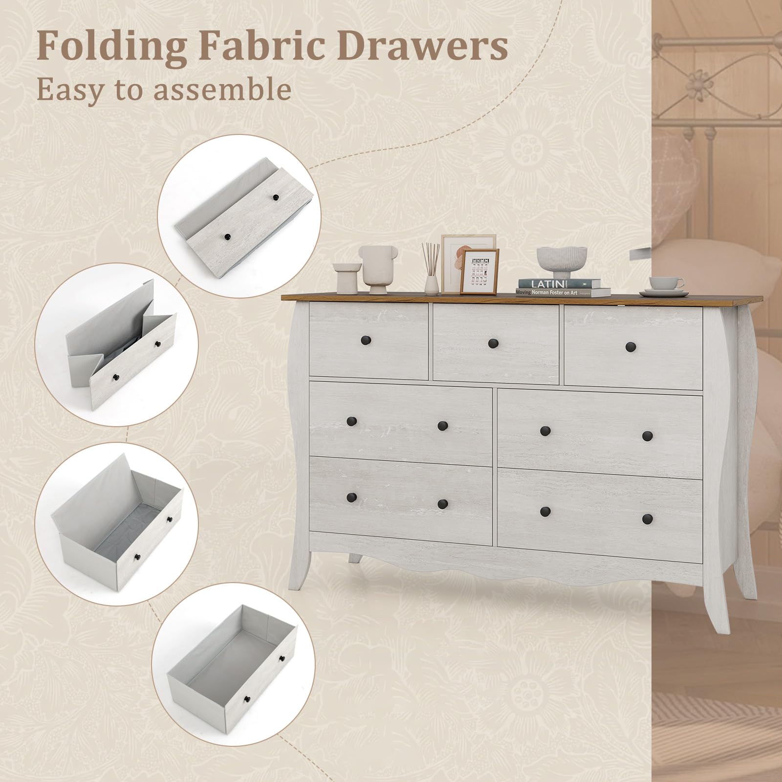 Giantex Storage Cabinet with Foldable & Detachable Fabric Drawers, Anti-Tipping Kit, 47” x 15” x 30.5” Farmhouse Floor Cabinet