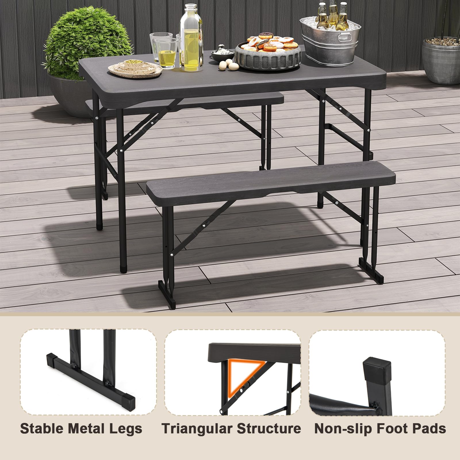 Giantex Folding Picnic Table Bench Set, Rectangular Patio Dining Table Set for 4, with HDPE Tabletop