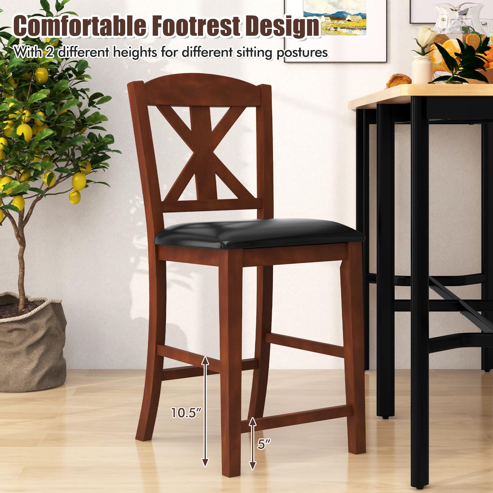 Giantex Wood Bar Stools Set, 24" Upholstered Counter Height Bar Chairs w/Hollowed High Back