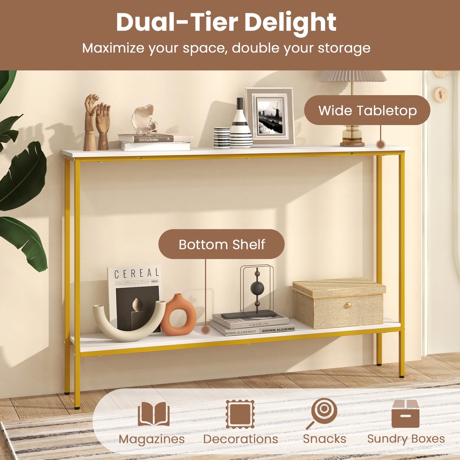 Giantex Gold Console Table with Shelf, 44" Narrow Entryway Table w/Dual Anti-Tipping Kits & Golden Metal Frame