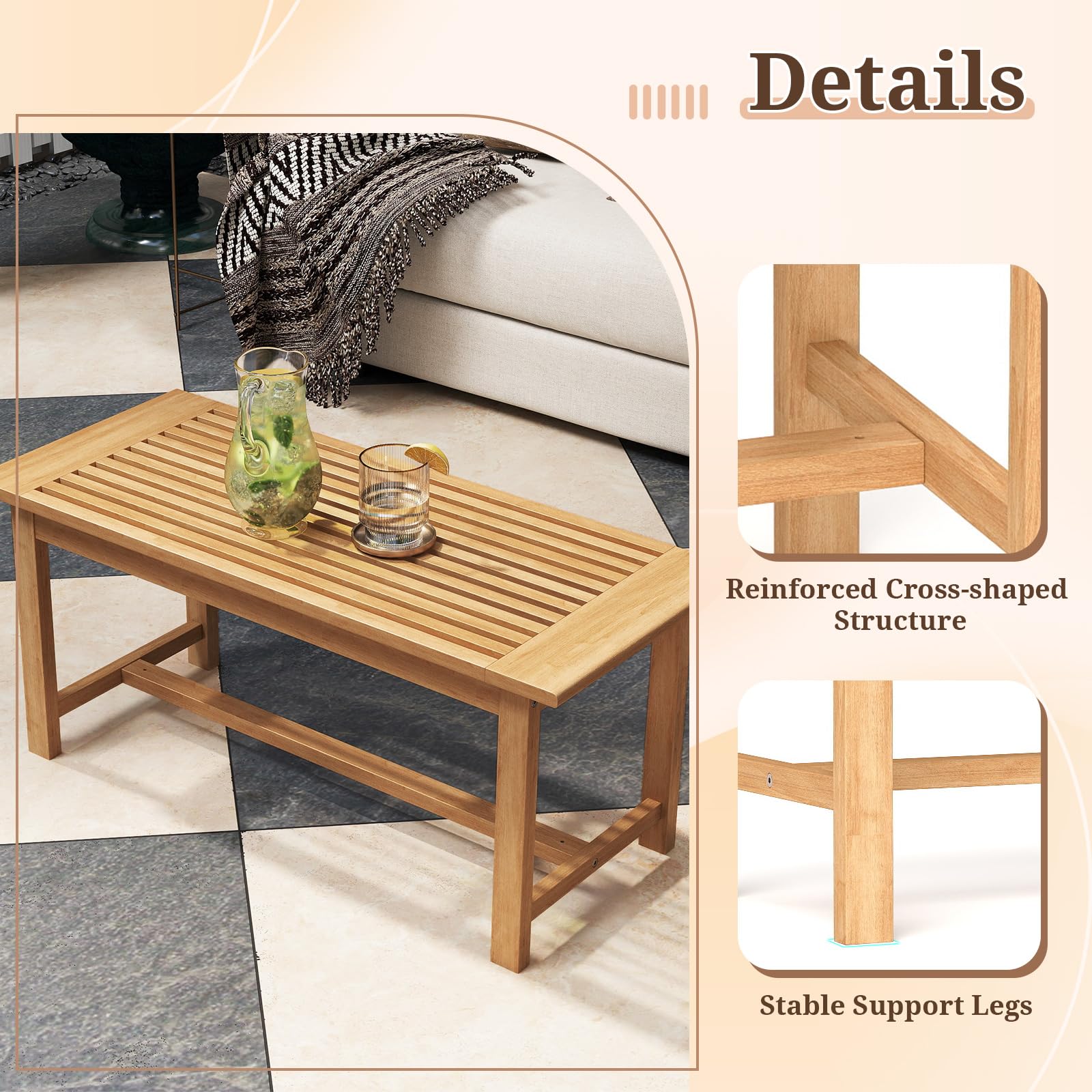 Giantex Teak Wood Patio Coffee Table - 36” Rectangular Outside Side Table with Slatted Tabletop