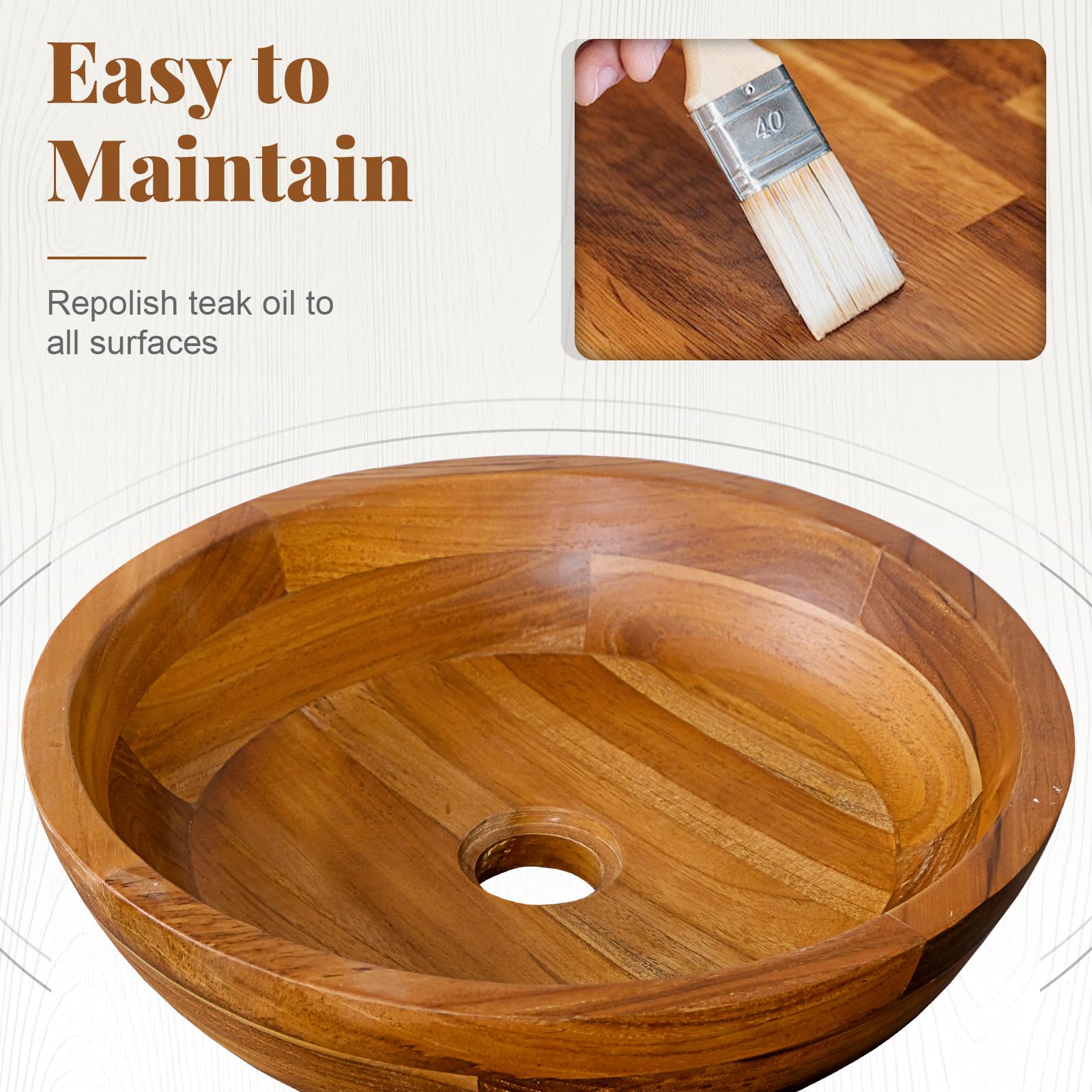 Giantex Teak Wood Vessel Sink - Bathroom Washbasin with Smooth Finish, Round Corner (16” x 16” x 4” Bowl-shaped)