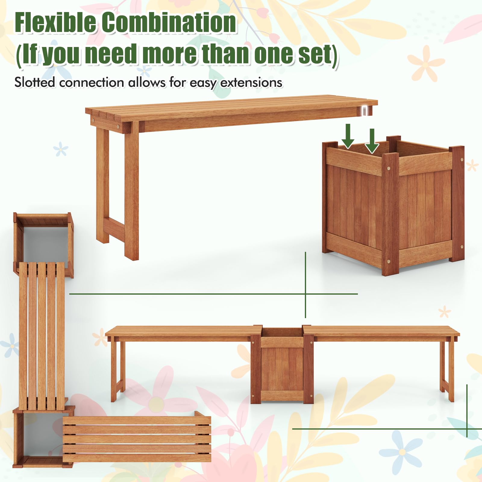 Giantex Outdoor Bench with Raised Garden Bed, Wood Seat with Teak Oil Finish, Planter Box with Open-Ended Base