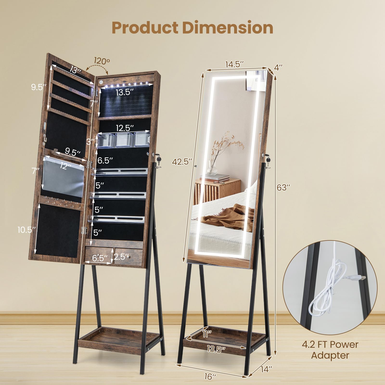 CHARMAID Jewelry Cabinet with LED Mirror, Lockable Standing Jewelry Armoire Organizer with Lighted Full Length Mirror