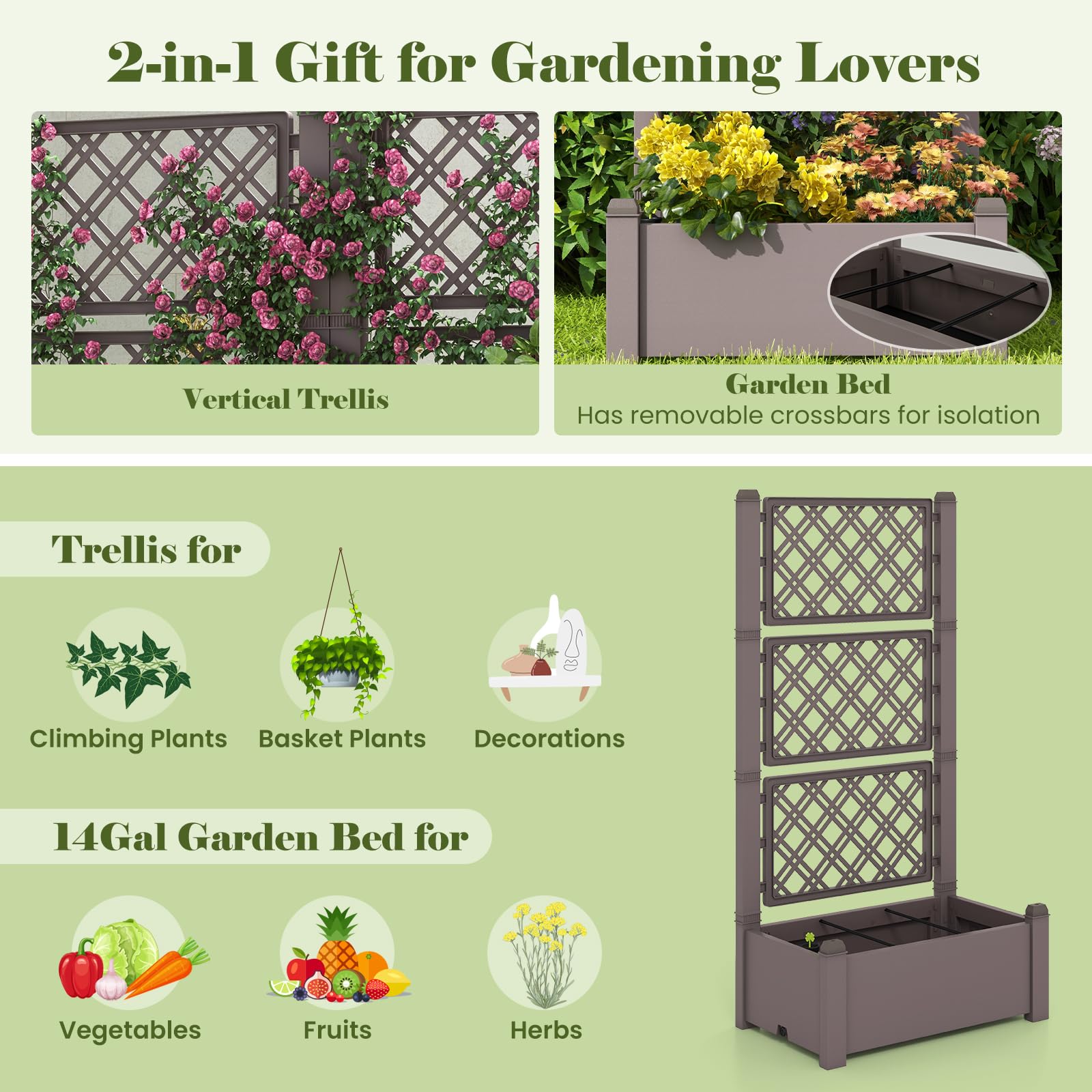 Giantex Raised Garden Bed with Trellis 59”, Self-Watering Planter Box with Water Level Indicator & Removable Space Dividers