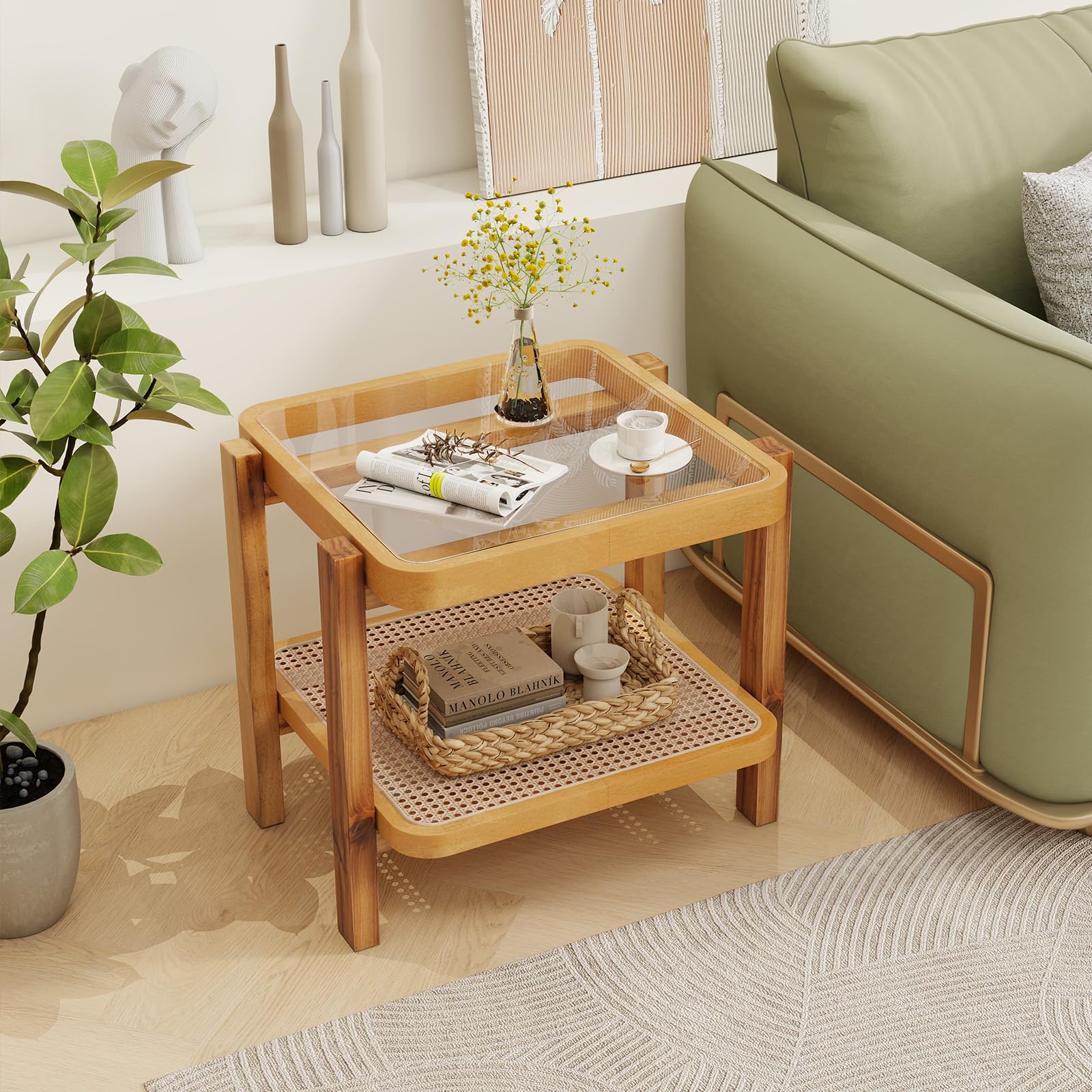 Giantex Rattan Side Table, Boho End Table for Living Room, Narrow Bedside Table with Tempered Glass Top