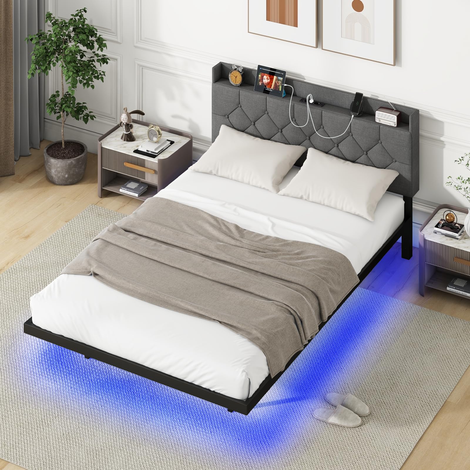 Giantex Floating Bed Frame with LED Lights, Modern Platform Bed with Adjustable Upholstered Headboard & Charging Station