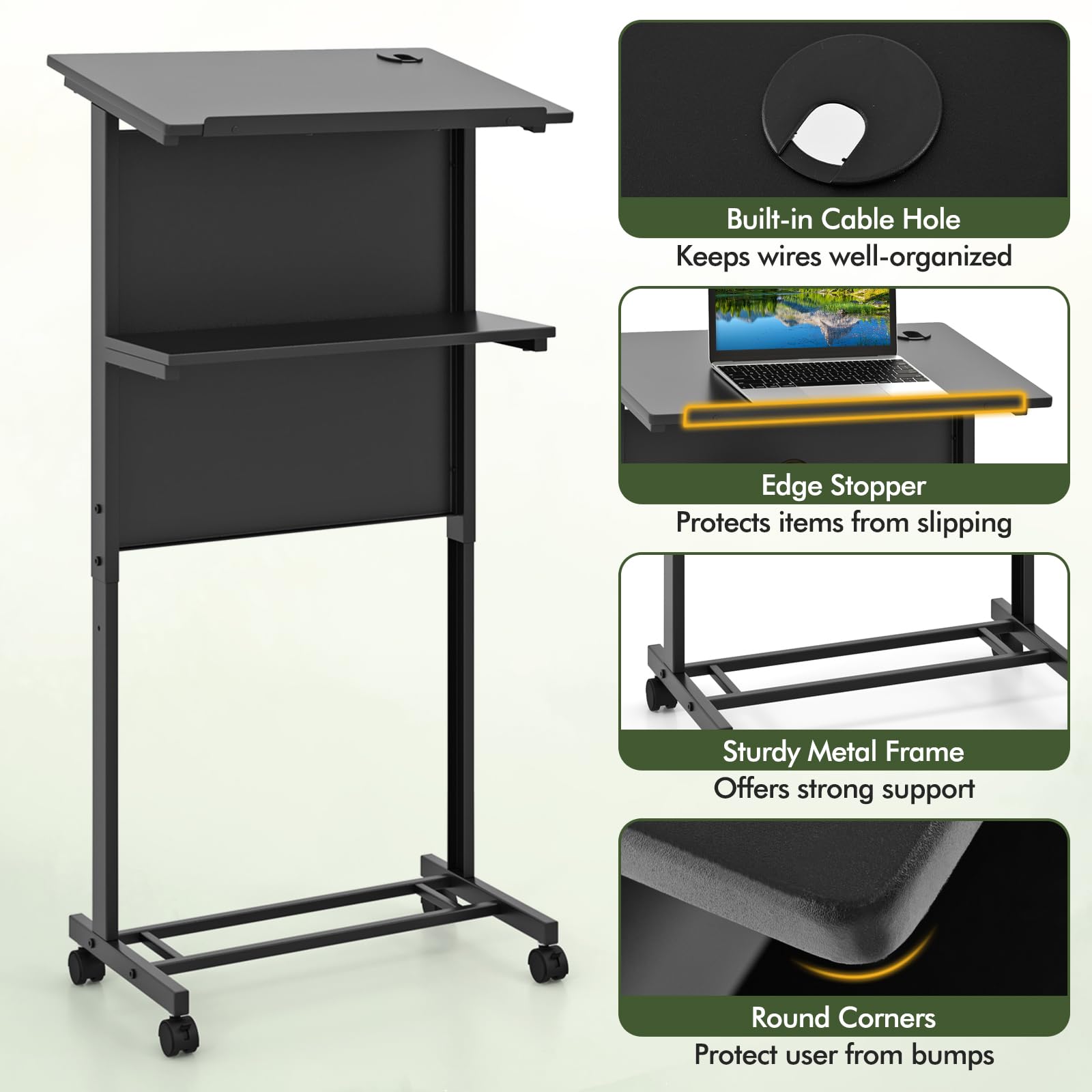 Giantex Mobile Lectern Podium, Height Adjustable Rolling Laptop Cart with Tilting Tabletop