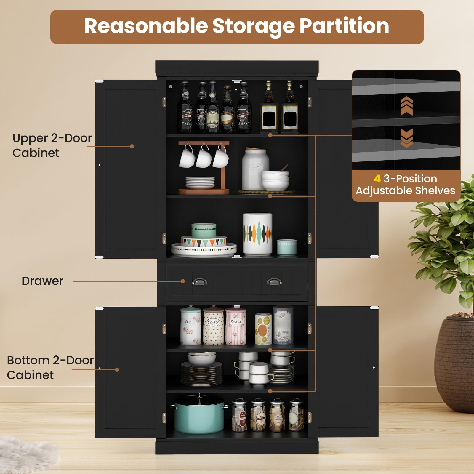 Giantex Pantry Organizers and Storage, 72" Tall Kitchen Cabinet with 2-Door Cabinets & Drawer, Buffet Sideboard