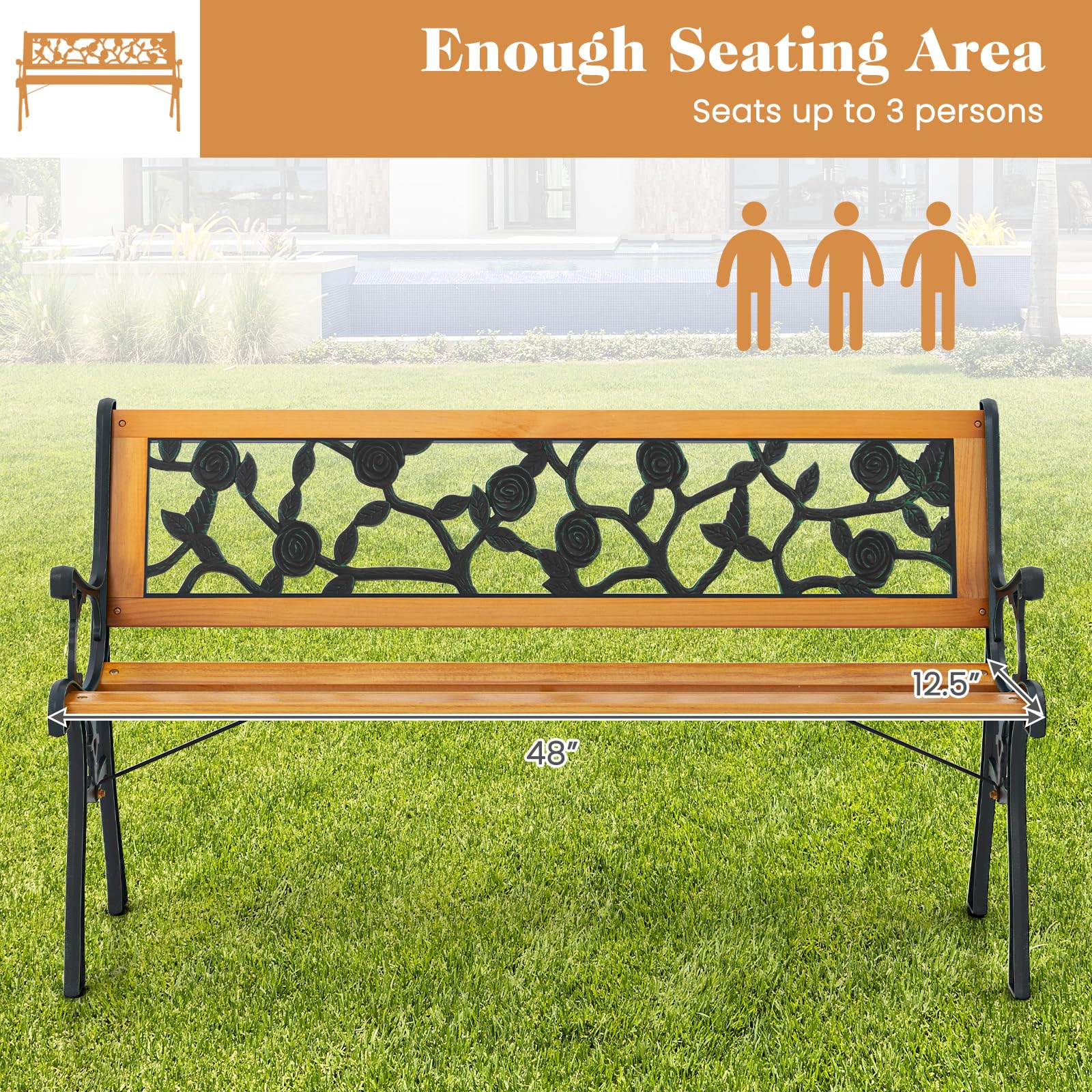 Giantex Outdoor Bench, 3-Person Park Bench with Slatted Seat, Curved Armrests, Floral Pattern Backrest