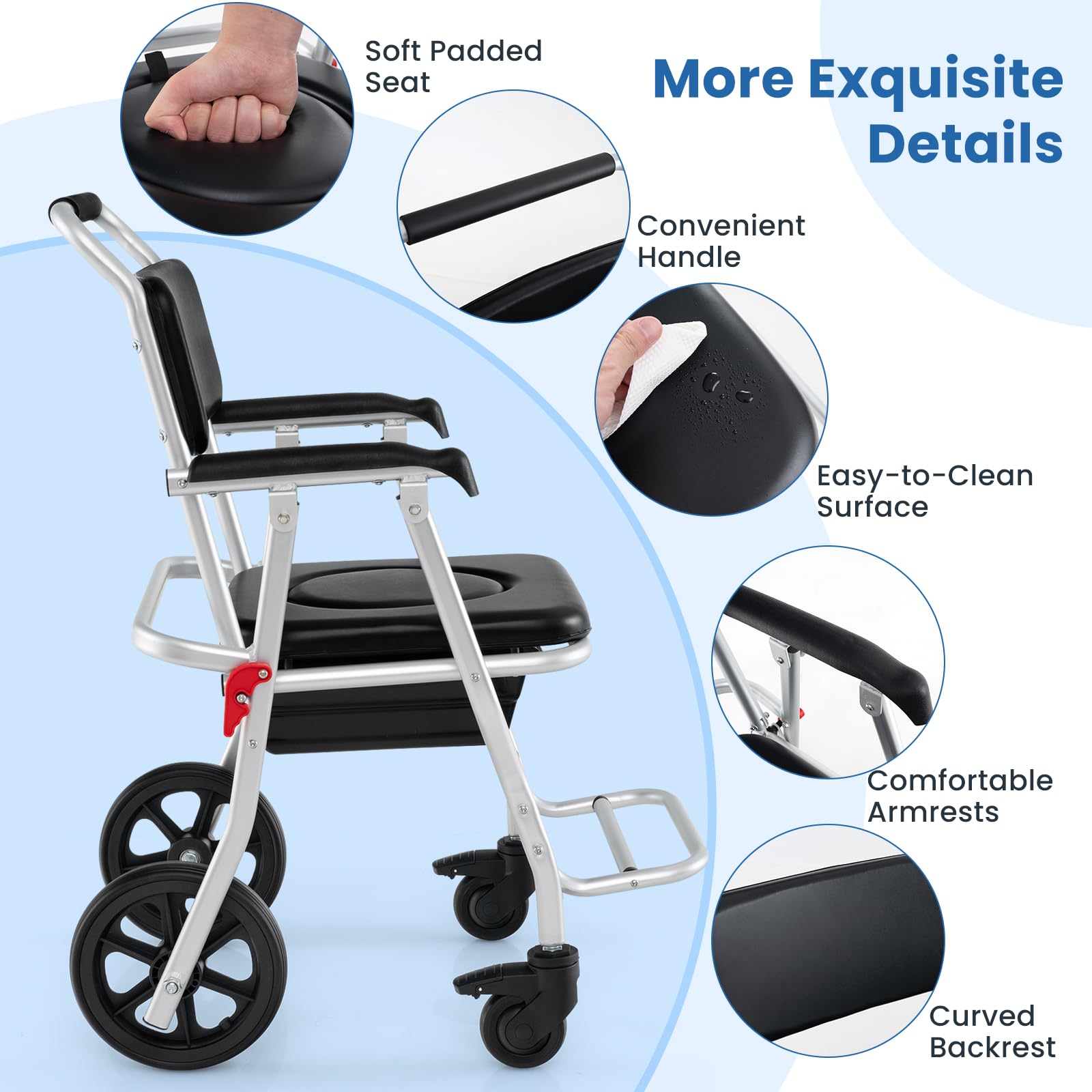 Giantex Bedside Commode Wheelchair for Toilet - Foldable Shower Chair with Arms, Lockable Casters