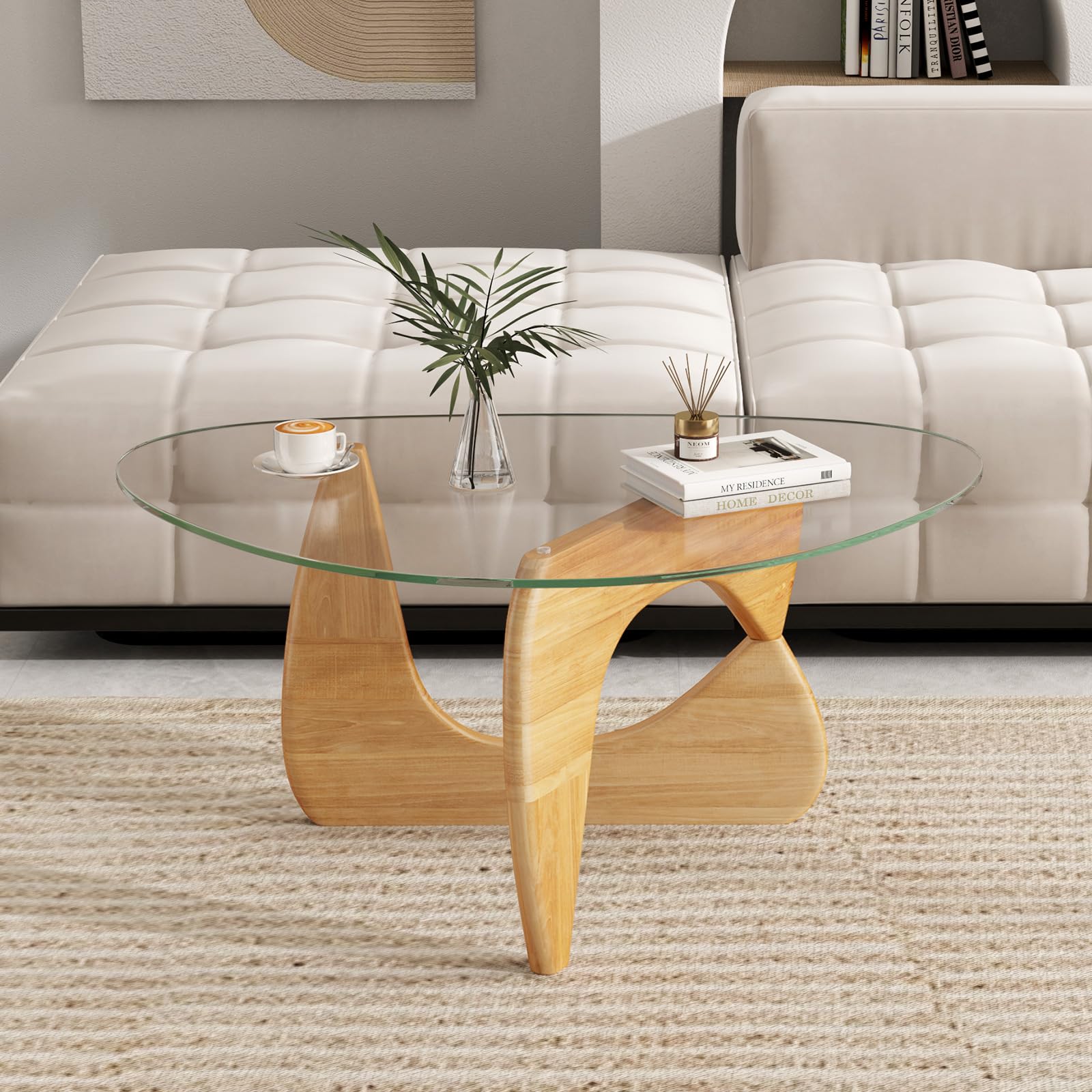 Giantex Triangle Glass Coffee Table, Solid Wood Tea Table with Tempered Glass Top & Adjustable Base