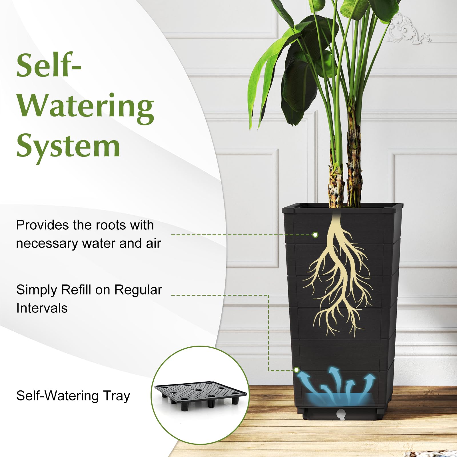 Giantex Set of 2 Outdoor Flower Pot, 23" Tall Planters with Drainage Hole, Self-Watering Tray