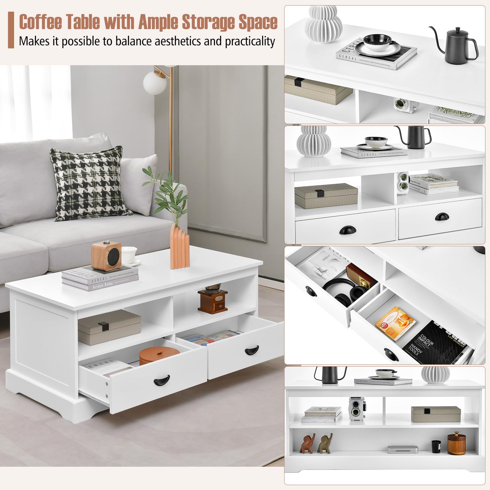 Giantex Coffee Table w/Storage, Home Tea Table w/ 2 Drawers & 2 Open Shelves (White)