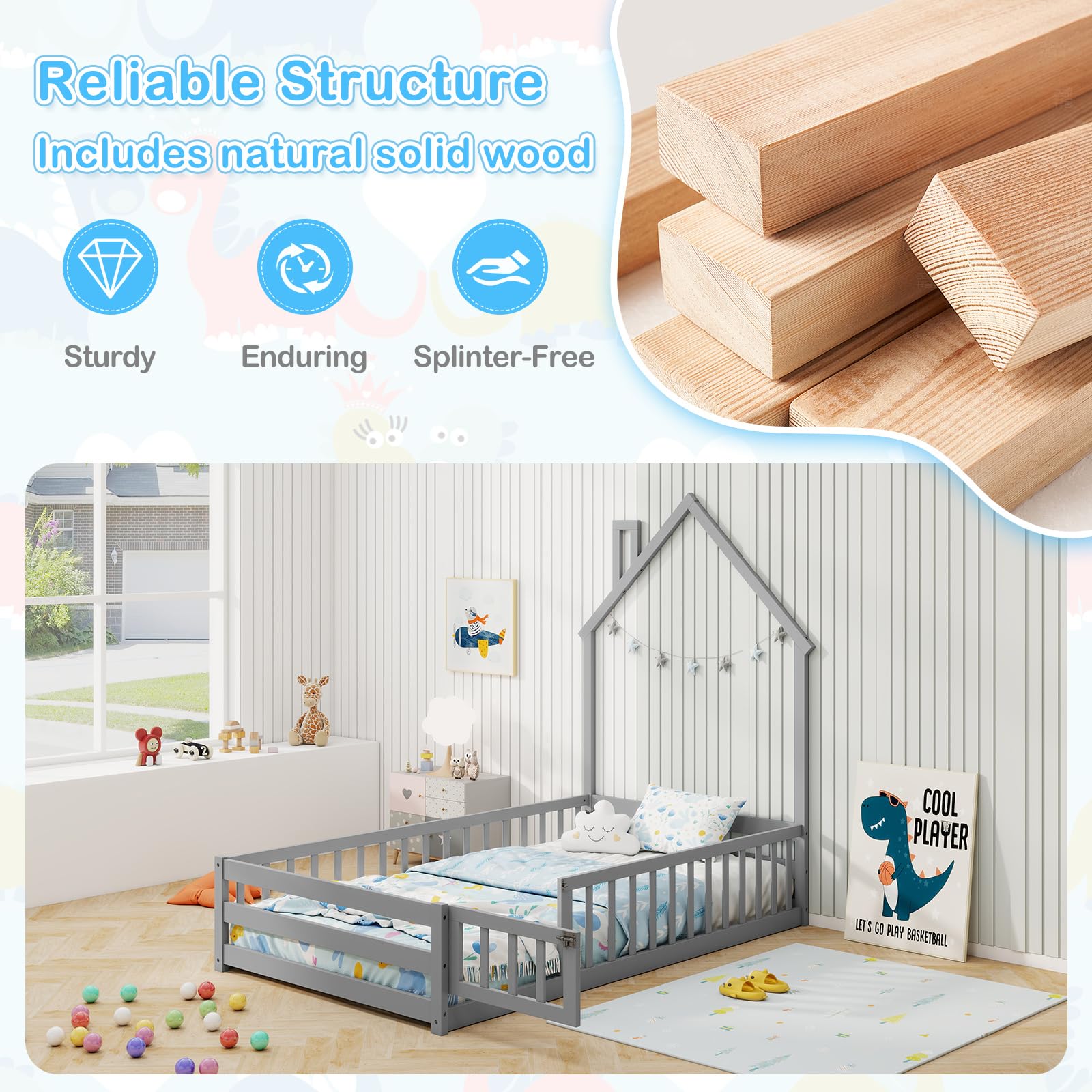 Giantex Twin Floor Bed, House-Shaped Montessori Bed Frame with Headboard, Full-Length Guardrail