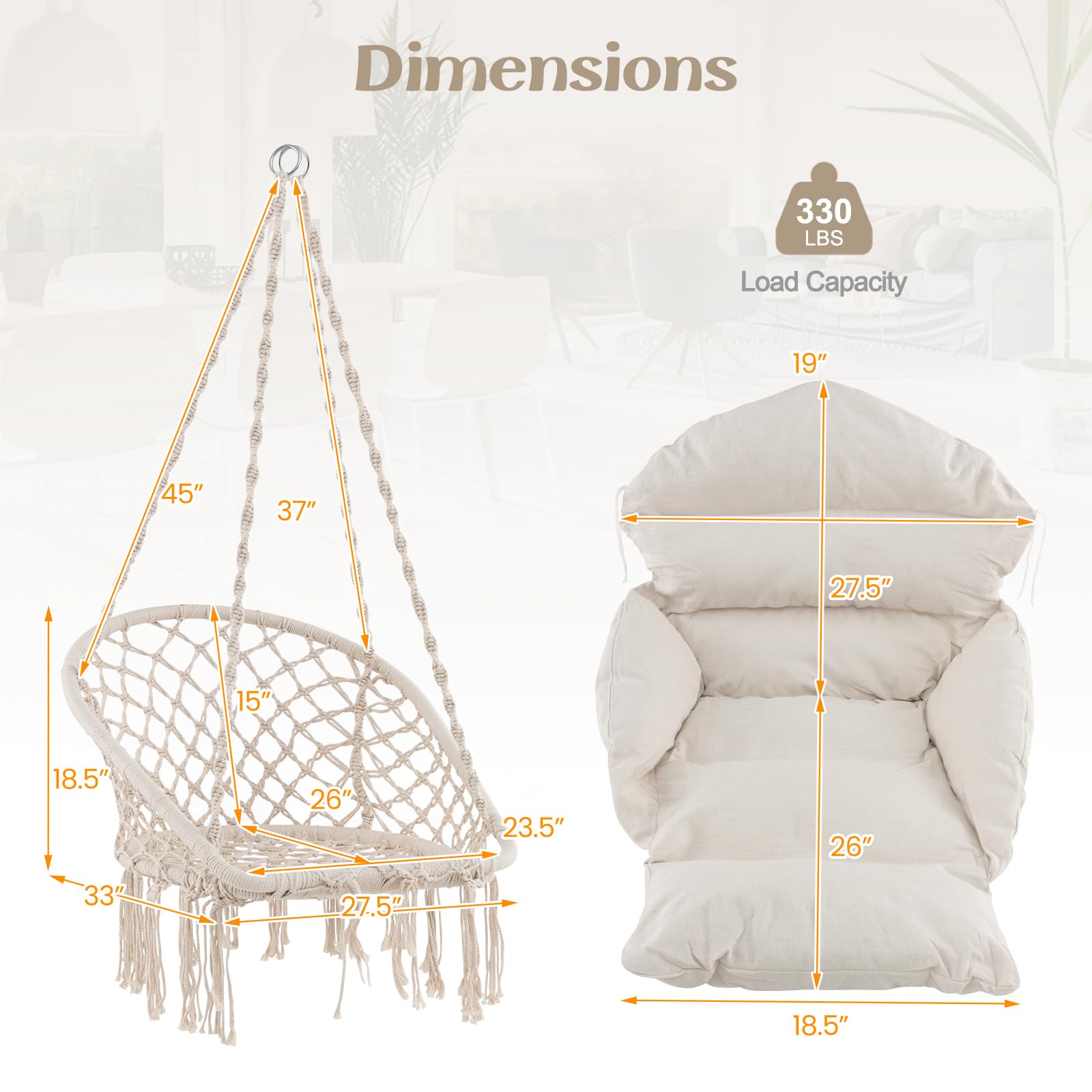 Giantex Hanging Chair Outdoor, Hammock Chair with Thick Cushion & Macrame