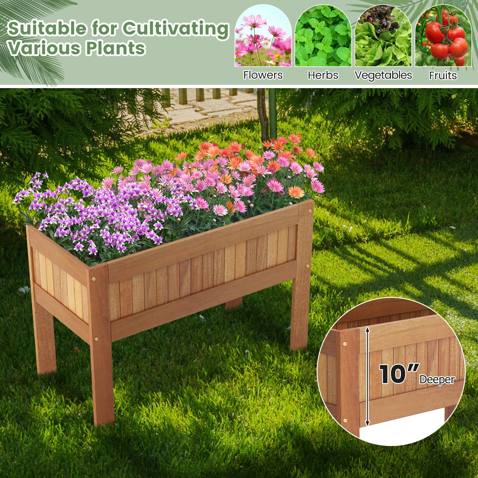 Giantex Wooden Raised Garden Bed, Solid Wood Elevated Planter Box w/Legs, 35”Lx 16”Wx24”H