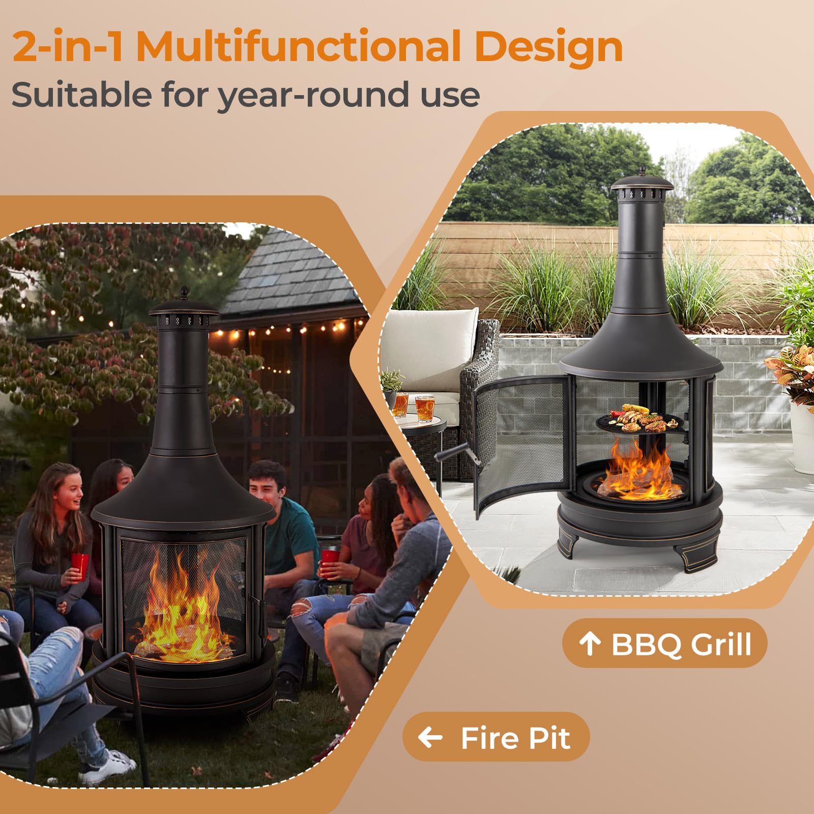 Giantex Outdoor Wood Burning Chiminea Fire Pit, 30 Inch Metal Fireplace w/Grill