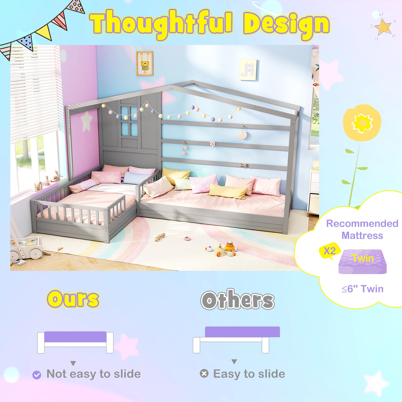 Giantex Double Twin Beds for Kids, House L-Shaped Platform Beds with Window & Fences