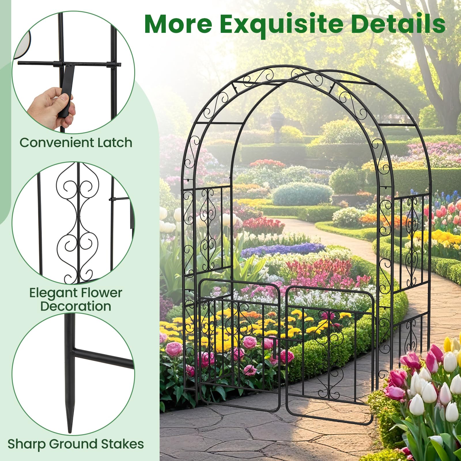 Giantex Garden Arbor with Gate, 84" H x 54" W Metal Arch Trellis for Climbing Plants Rose Vines