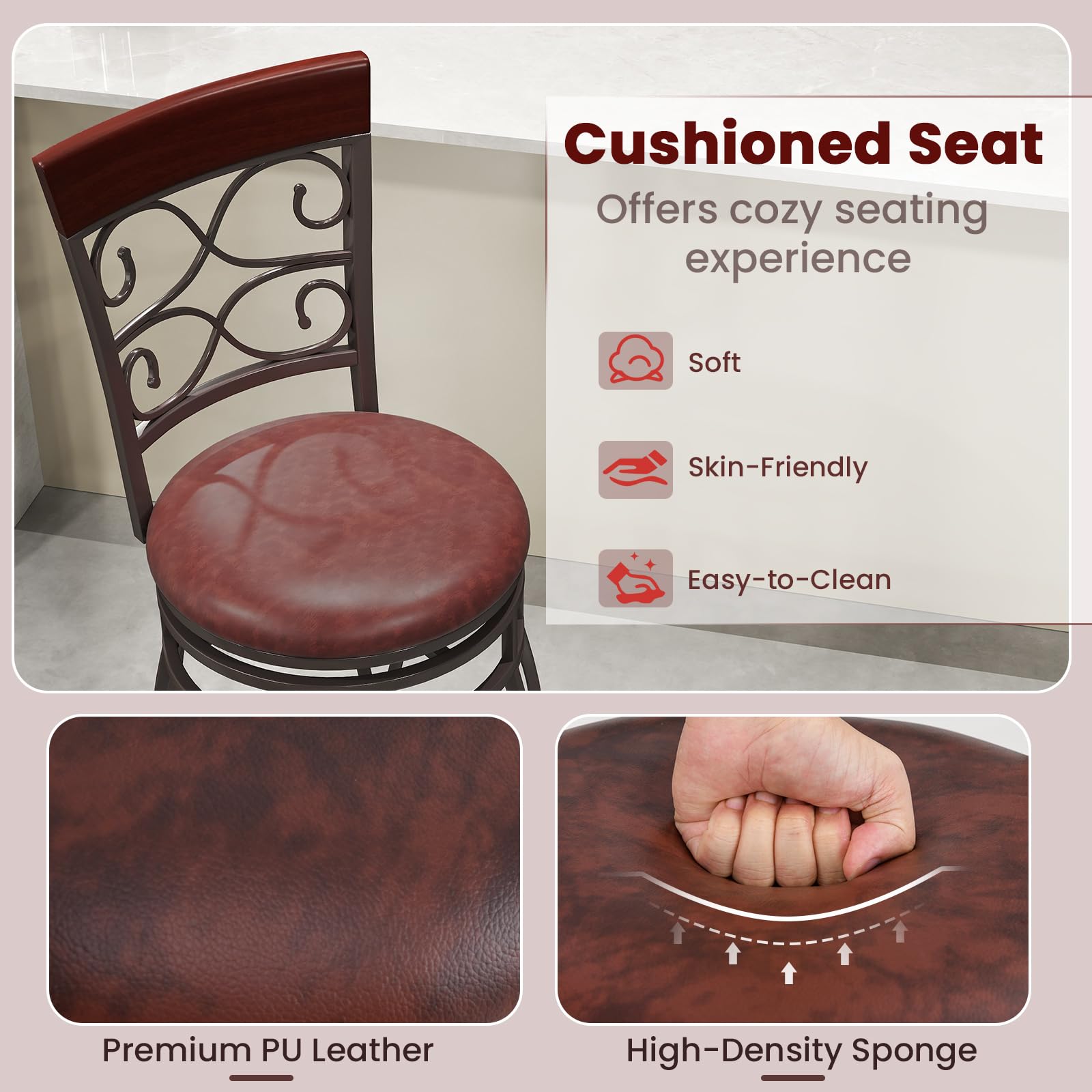 Giantex 30" Swivel Bar Stools Set of 2, Bar Height Bar Stools w/Back, Upholstered PU Leather Seat, Footrest, Rustic Brown