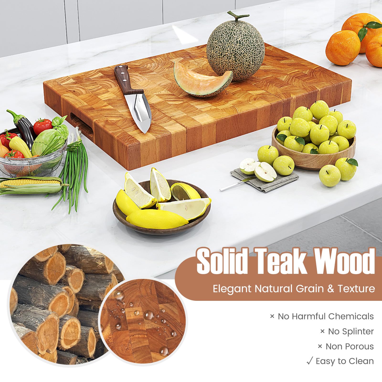 Giantex Teak Wood Cutting Board, 18" End Grain Chopping Block with Hand Grip, Pre-Conditioned With Natural Waxes & Oils