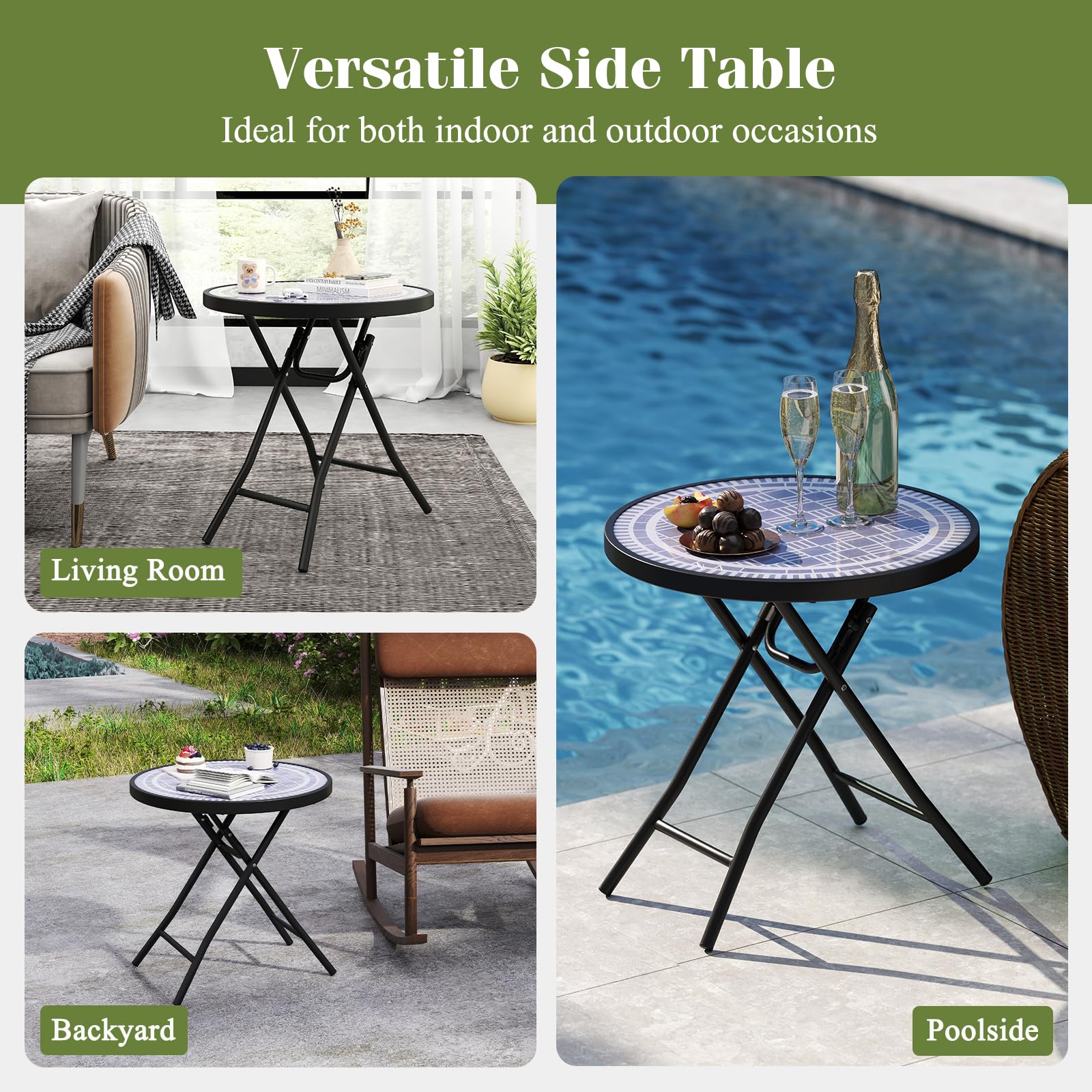 Giantex Folding Outdoor Side Table - 18” Round End Table with Tempered Glass Tabletop & Metal Frame