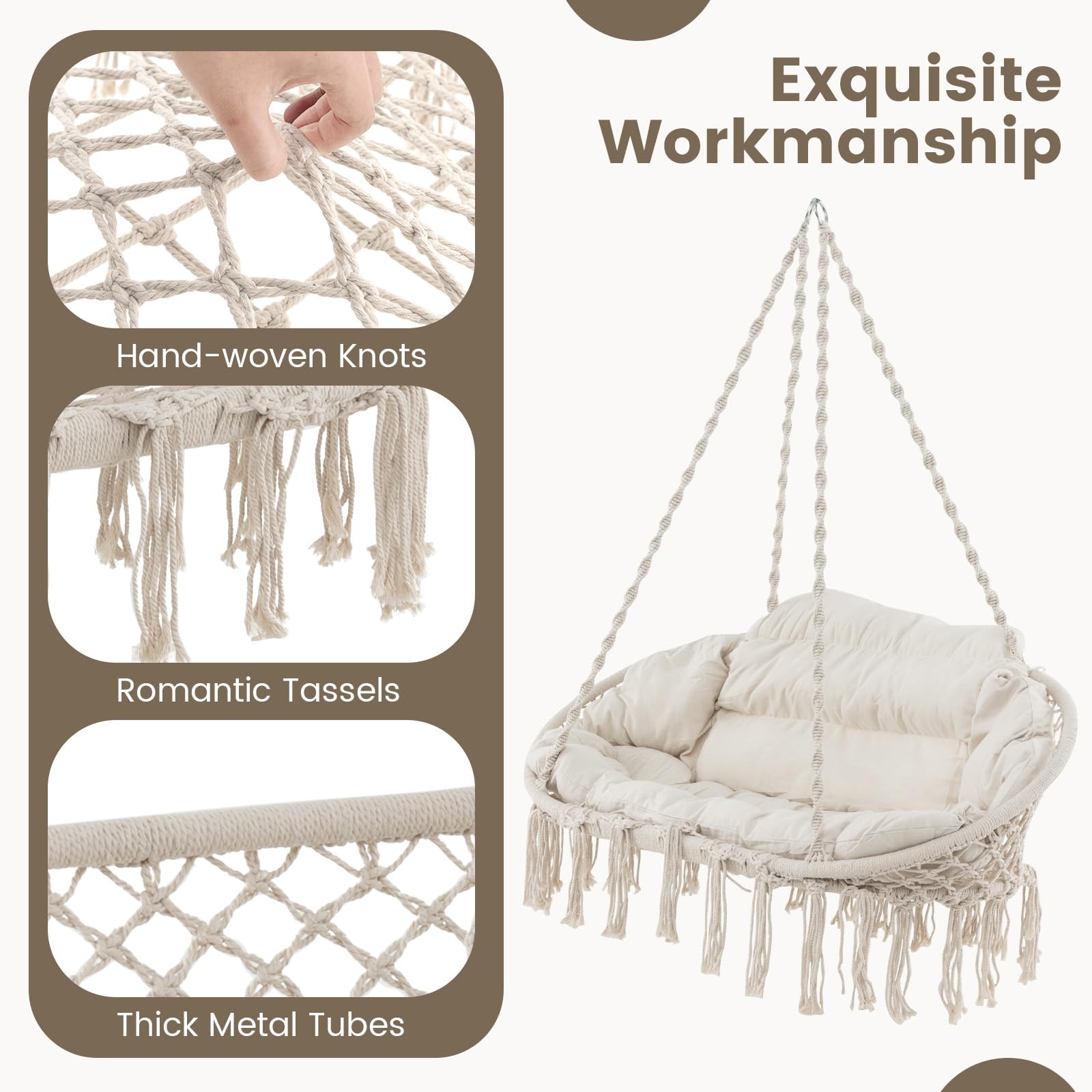 Giantex Hammock Chair, Macrame Hanging Chair with Removable Cushion,  Max 440 lbs, Swinging Chair, Beige