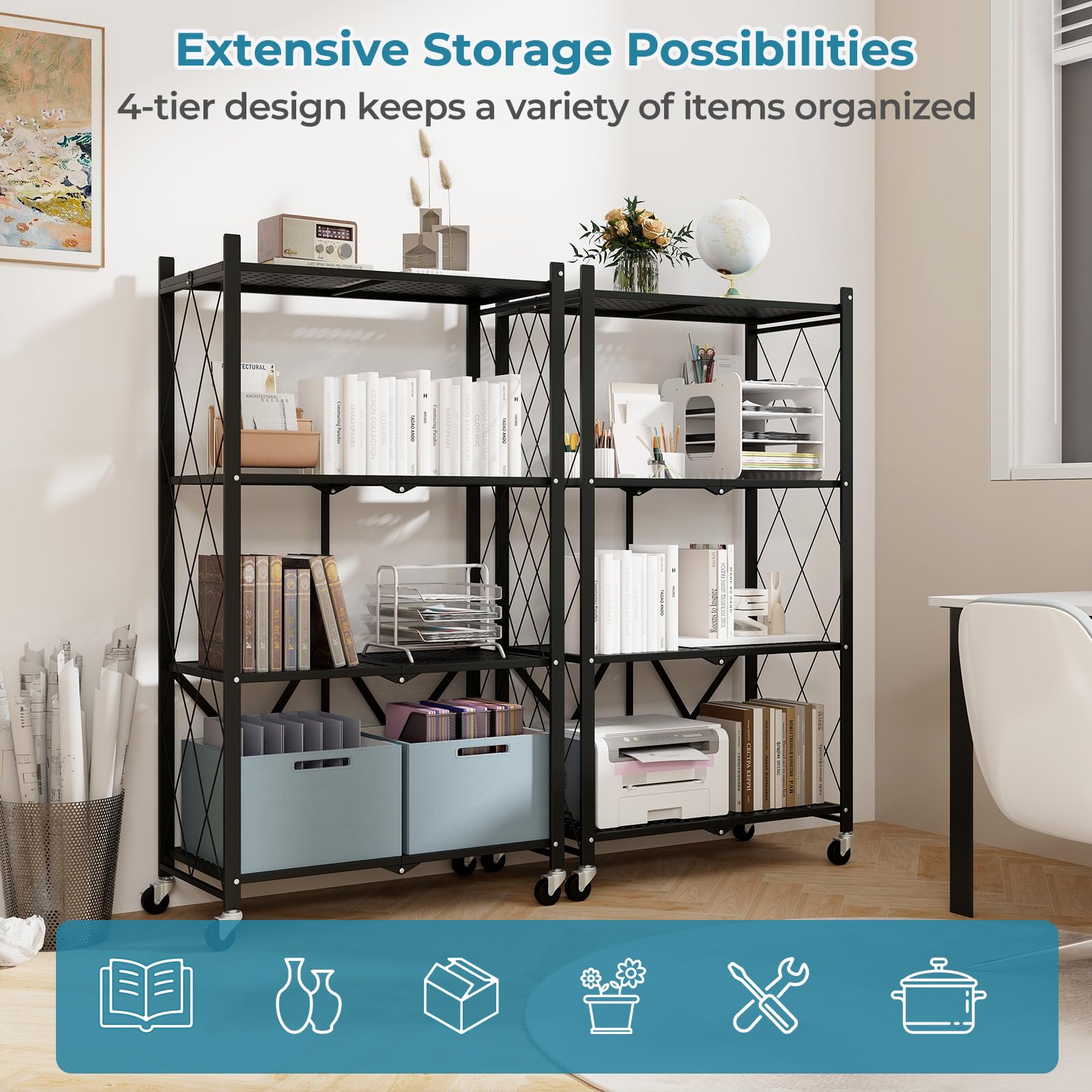 Giantex 4-Tier Foldable Storage Shelf, Collapsible Shelving Unit Display with Lockable Wheels