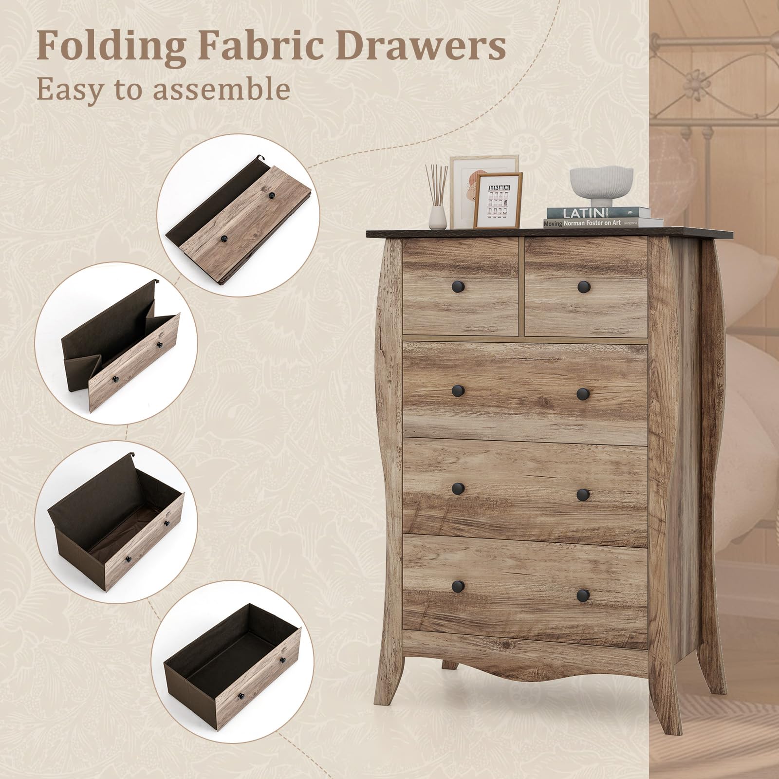 Giantex Storage Cabinet with Foldable & Detachable Fabric Drawers, Anti-Tipping Kit, 26.5” x 15” x 38” Farmhouse Floor Cabinet