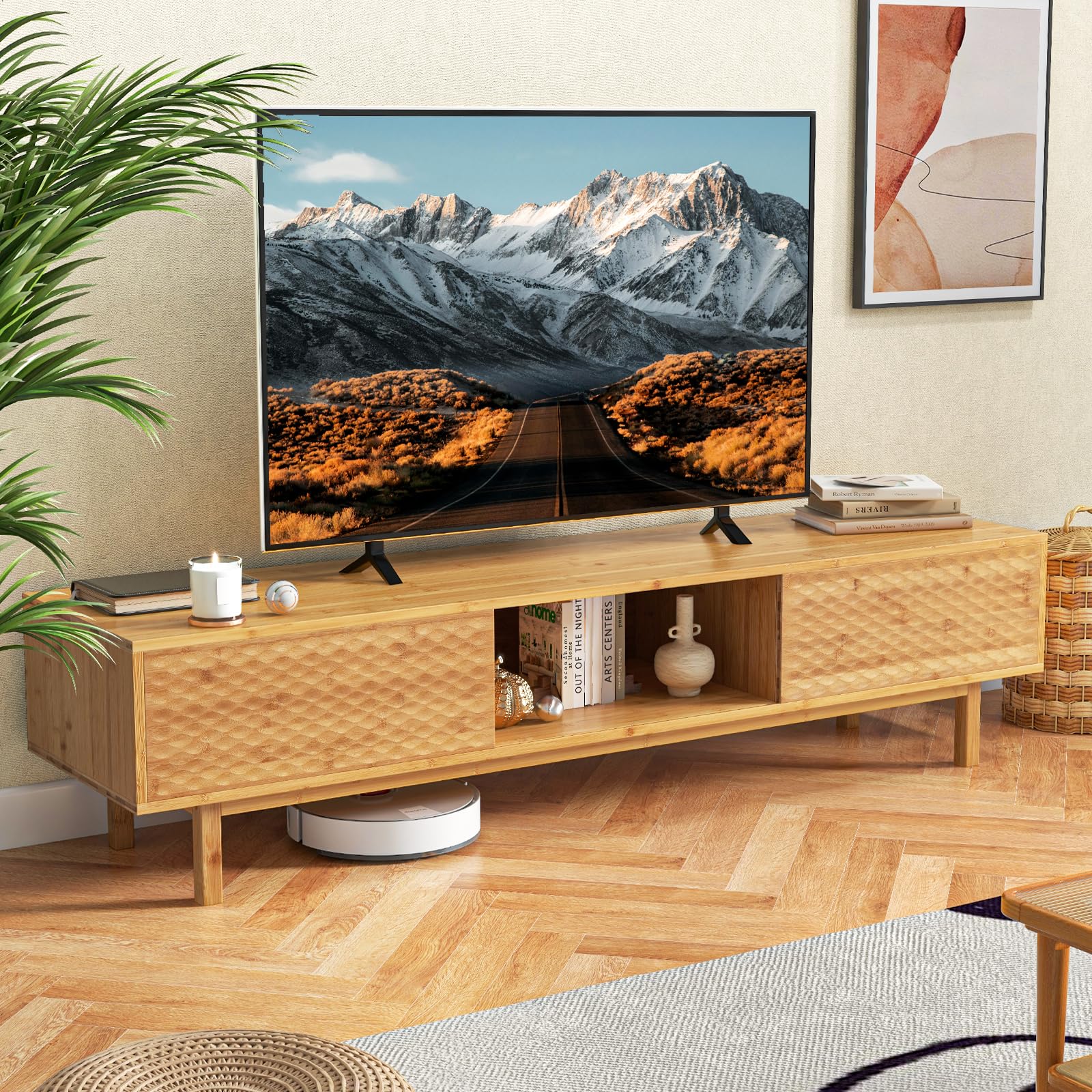 Giantex 63” Bamboo TV Stand, Entertainment Center with 3 Storage Cubes, Sliding Doors