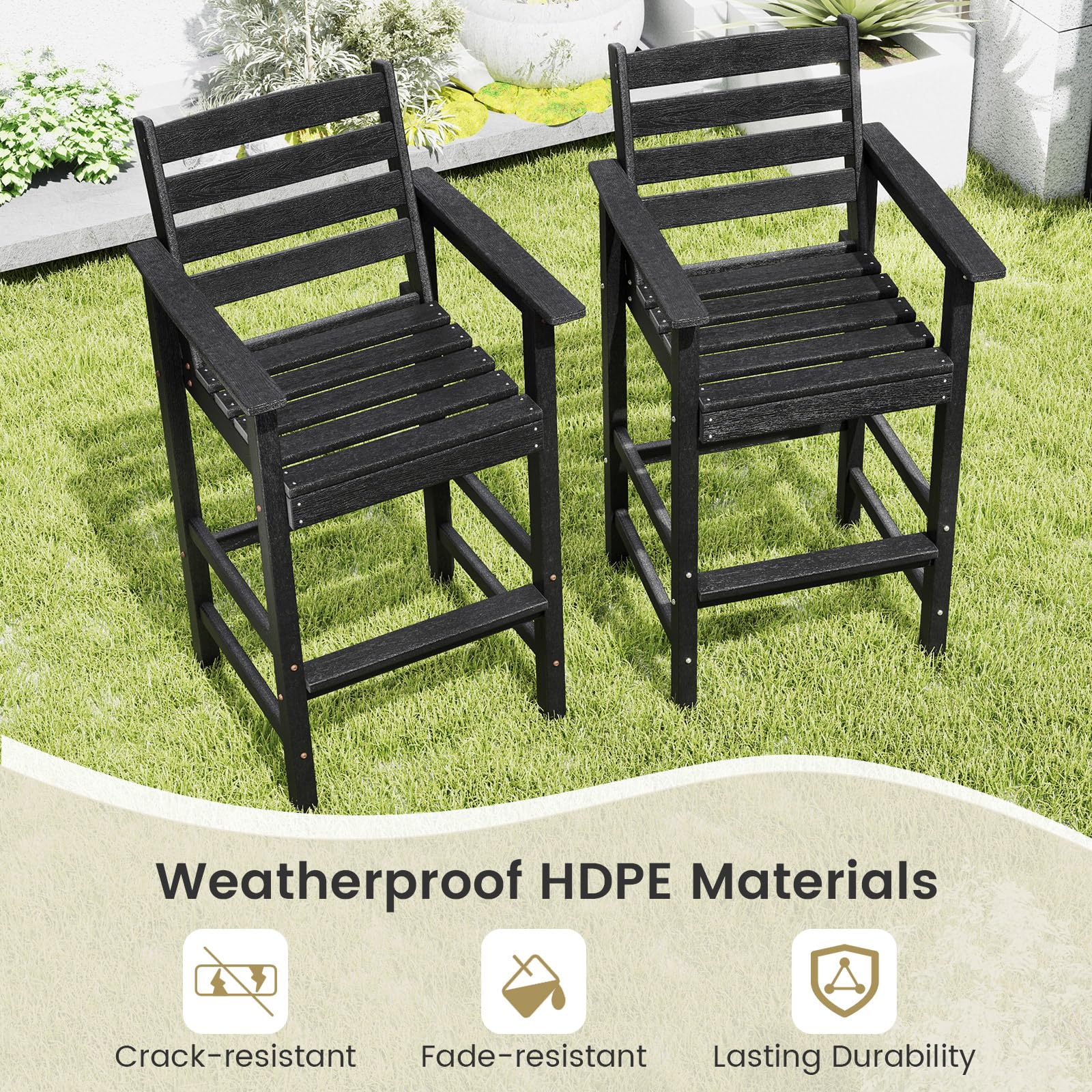 Giantex 29” Bar Stools Set of 2/4, HDPE Barstools w/Back, Armrests & Footrests, Max Load 330Lbs