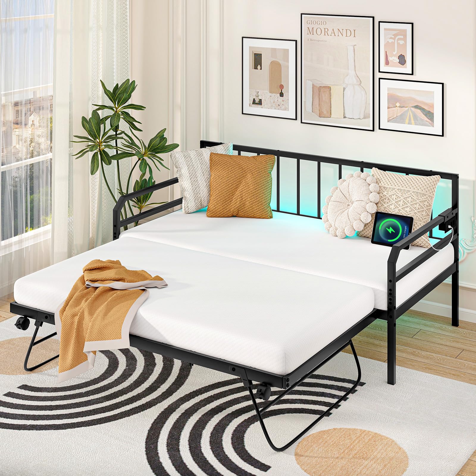 Giantex Twin Daybed with Trundle, Twin Bed Frame with Charging Station & LED Lights, Metal Trundle Bed Twin w/Steel Slats Support