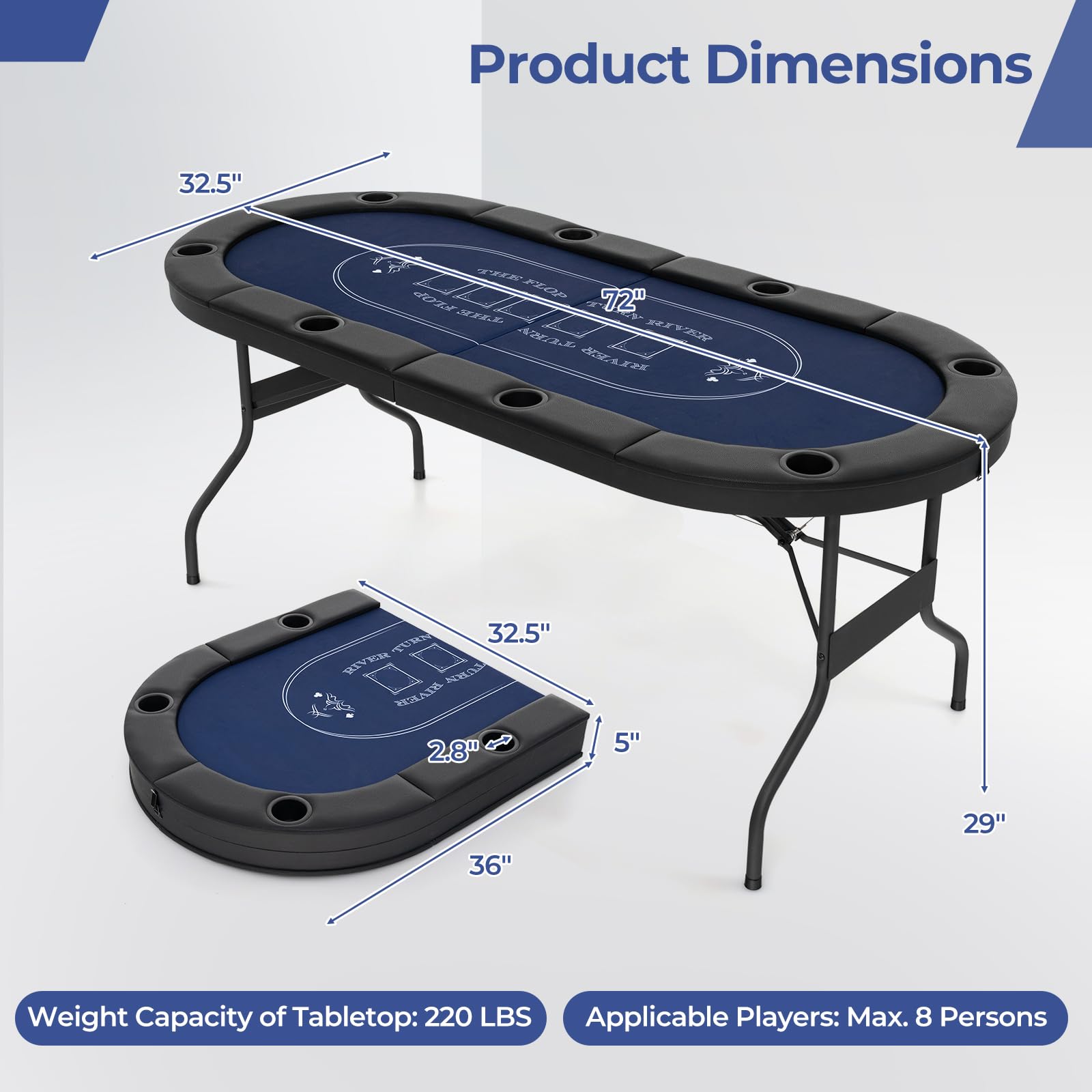 Giantex 8 Player Poker Table Foldable, 72" Portable Folding Texas Holdem Poker Tables w/Padded Rails