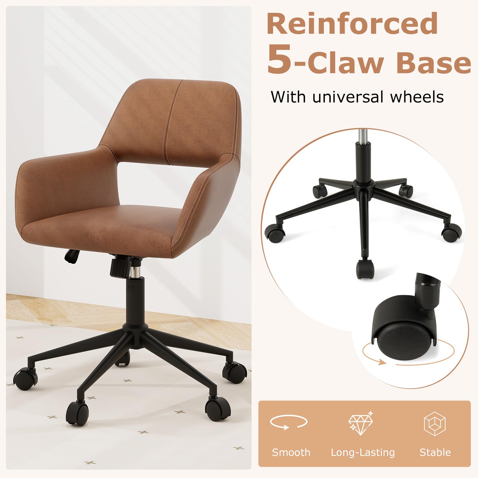 Giantex Modern Desk Chair Brown, Faux Leather Home Office Chair with Arms, Adjustable Swivel Task Chair