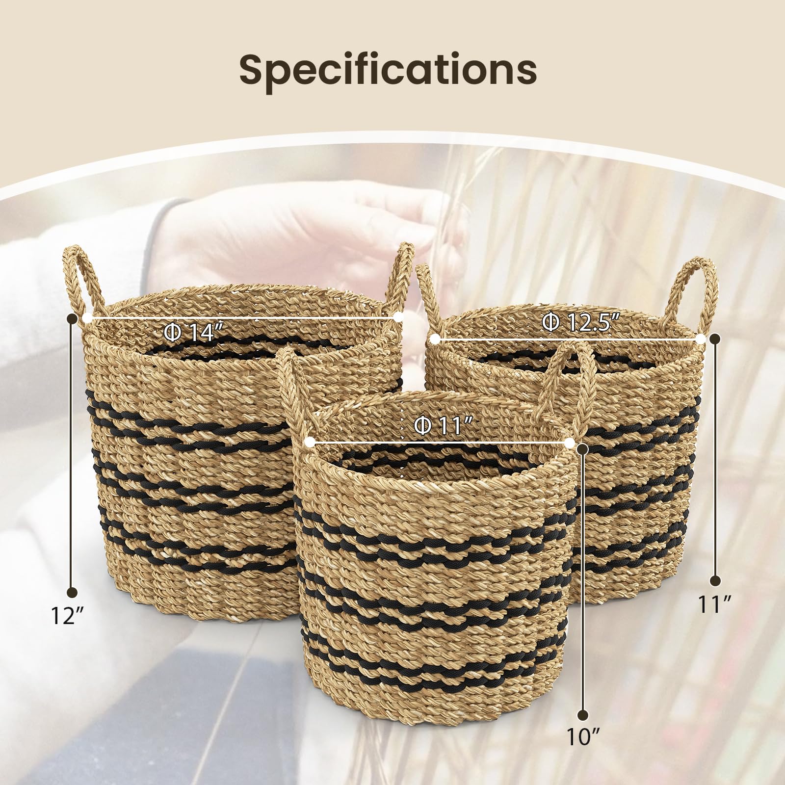 Giantex Woven Laundry Basket - Set of 3 Stackable Laundry Hamper with Handles, 1 Large, 1 Medium & 1 Small Storage Baskets