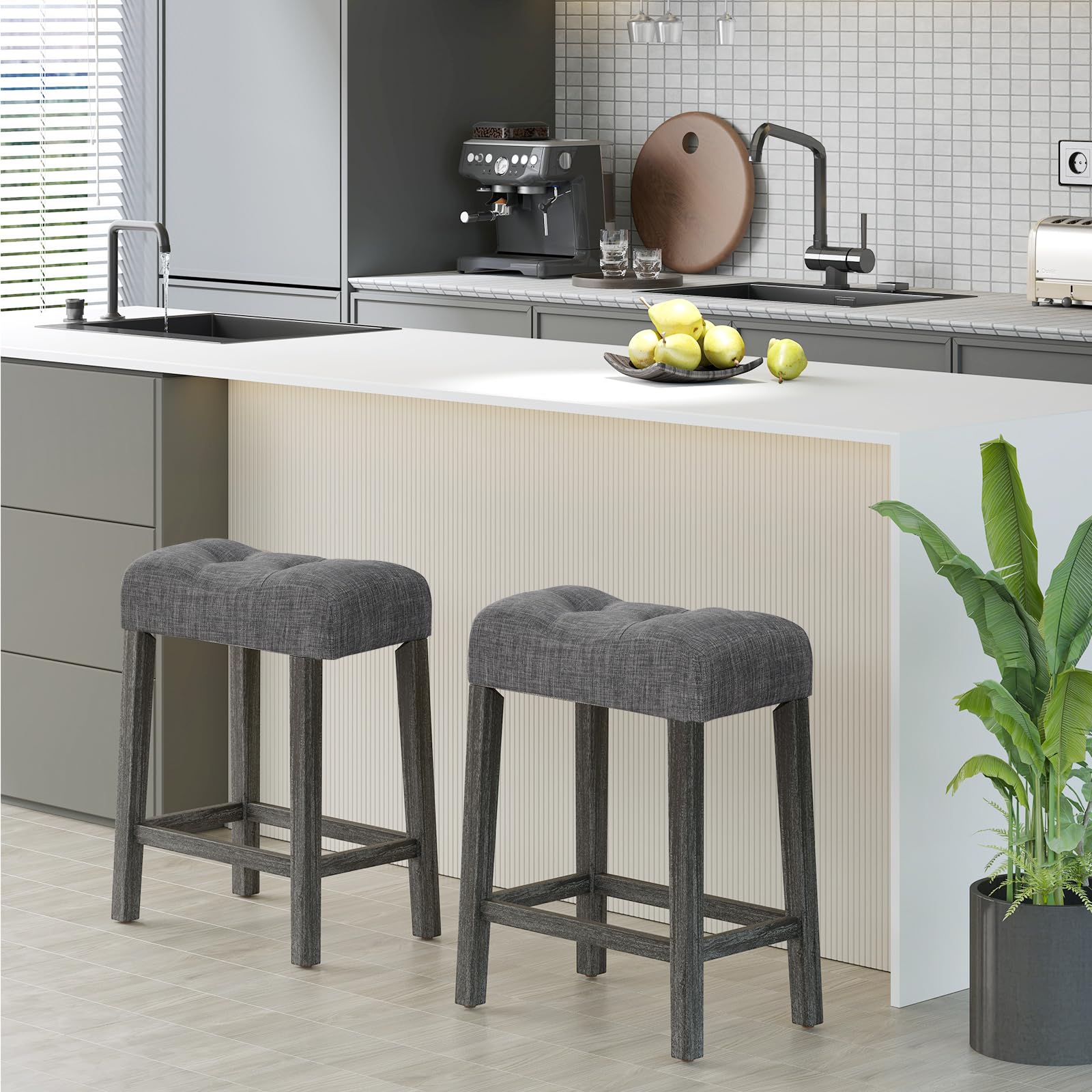 Giantex 24" Bar Stools, Backless Counter Height Saddle Bar Stools w/Padded Seat, Solid Rubber Wood Legs