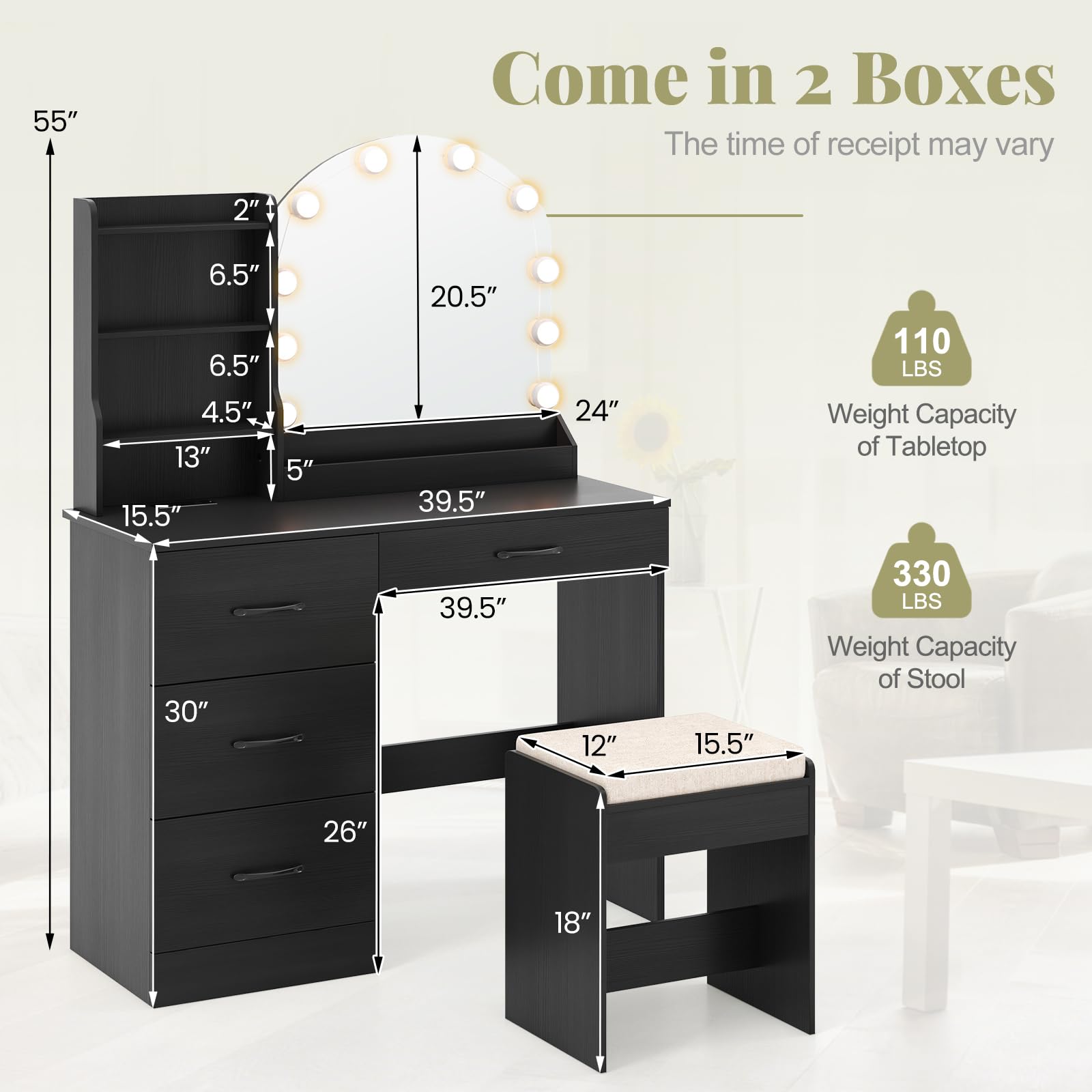 Vanity Desk with Lights - Makeup Vanity Table with Charging Station, 4 Drawers, 3 Storage Shelves