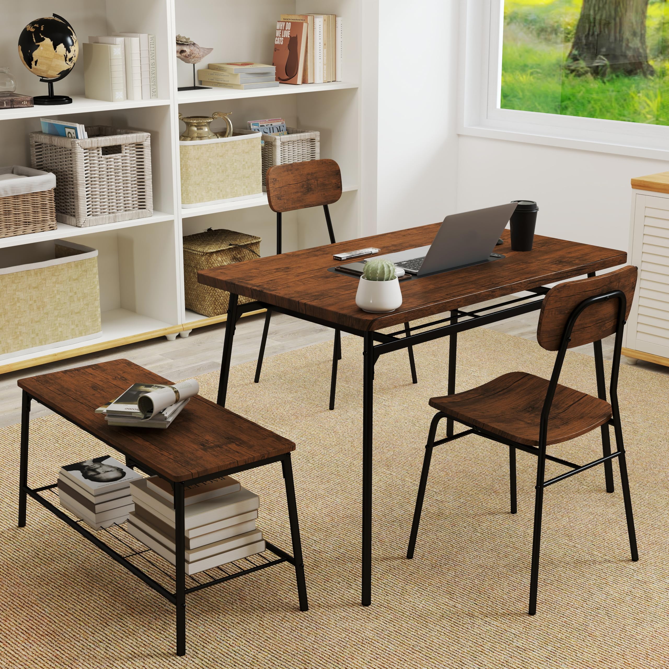 Giantex Dining Table Set for 4, Kitchen Table with Bench & 2 Chairs, Storage & Metal Frame