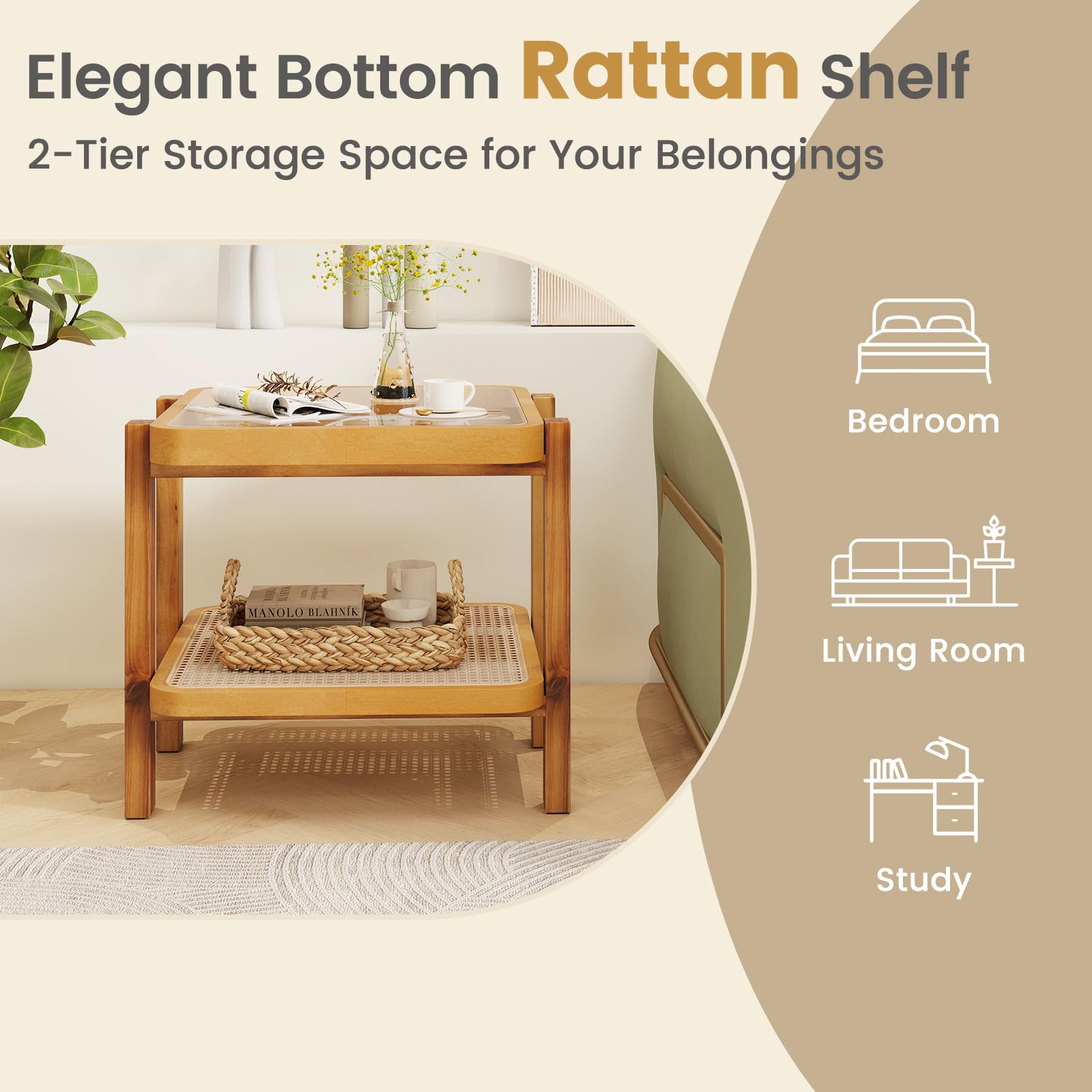 Giantex Rattan Side Table, Boho End Table for Living Room, Narrow Bedside Table with Tempered Glass Top