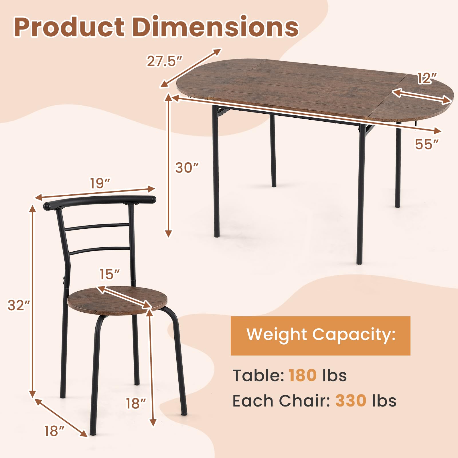 Giantex 3-Piece Dining Table Set for 2 - Kitchen Table Chair Set with 55” Drop Leaf Dinner Table, Dining Chairs