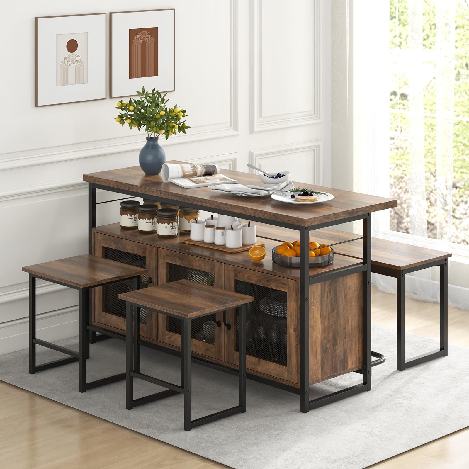 Giantex Dining Table Set for 4, Kitchen Island with Seating Bench & Stools, Storage Cabinet, 3-Position Adjustable Shelves