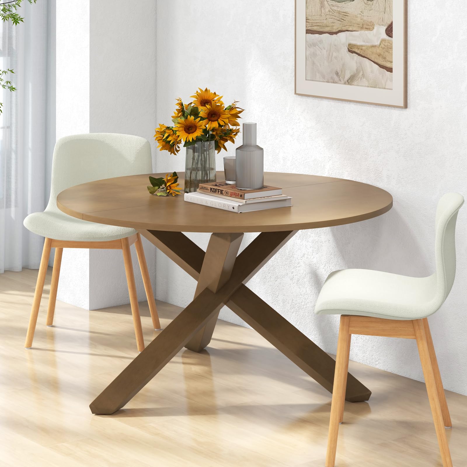 Giantex 47" Round Dining Table, Mid Century Modern Round Kitchen Table w/Solid Acacia Wood Legs, Adjustable Foot Pads