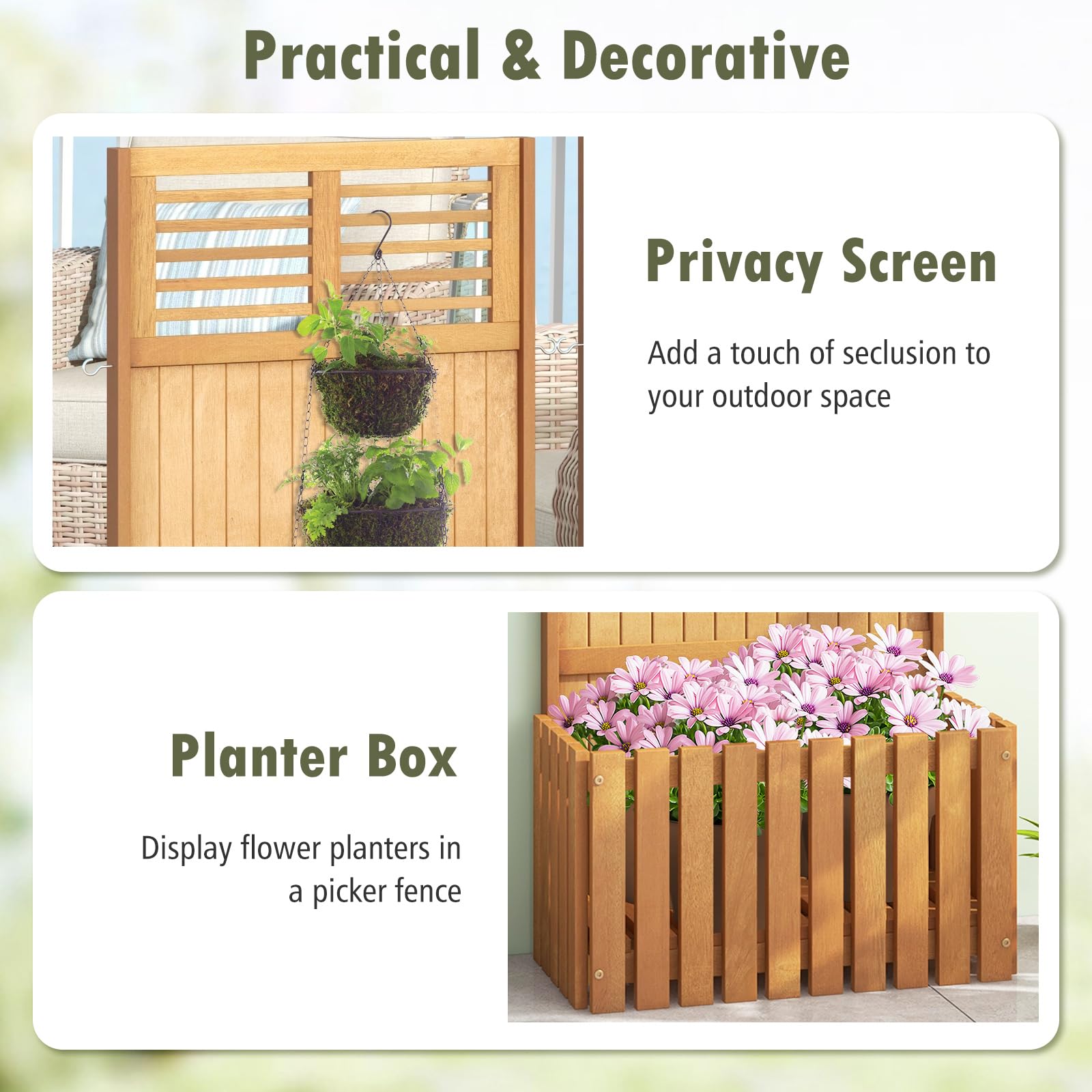 Giantex Set of 1/2 Raised Garden Bed with Trellis, 41” Wooden Potted Plant Box w/Privacy Screen