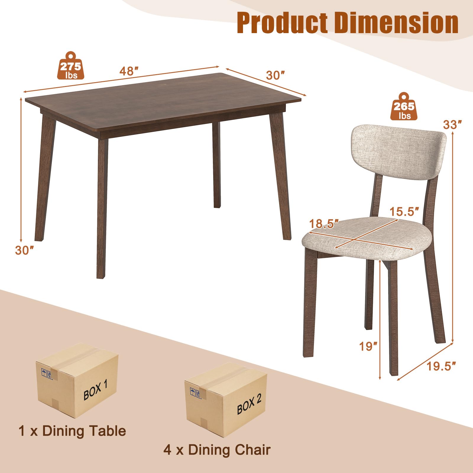 Giantex 5-Piece Dining Table Set for 4, Kitchen Table Set with 48” Dinner Table, Padded Seat, Rubber Wood Legs