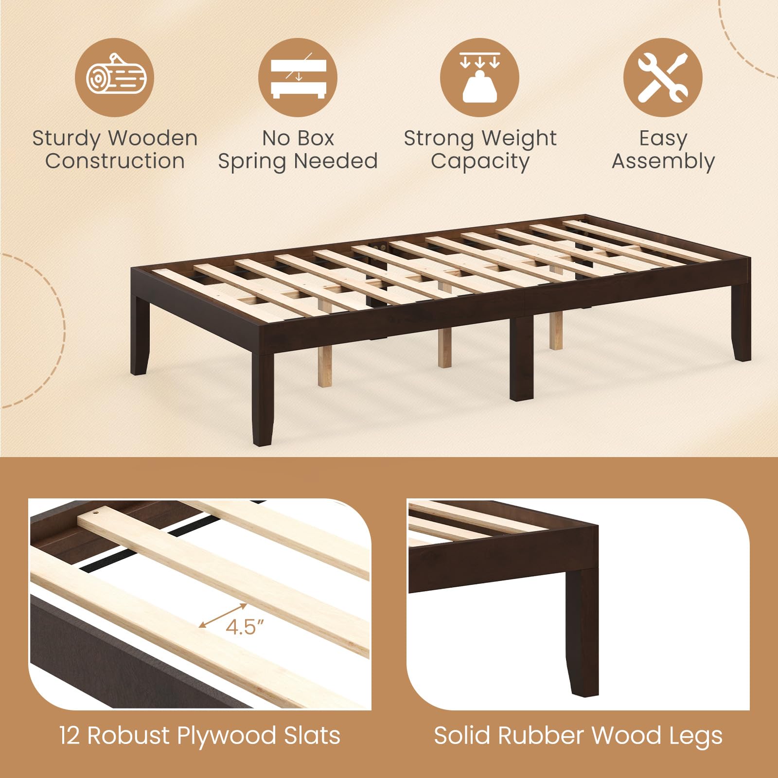 Giantex 14 Inch Twin Wood Platform Bed Frame, Minimalist Twin Bed Frame with Wooden Slats Support & Rubber Wood Legs