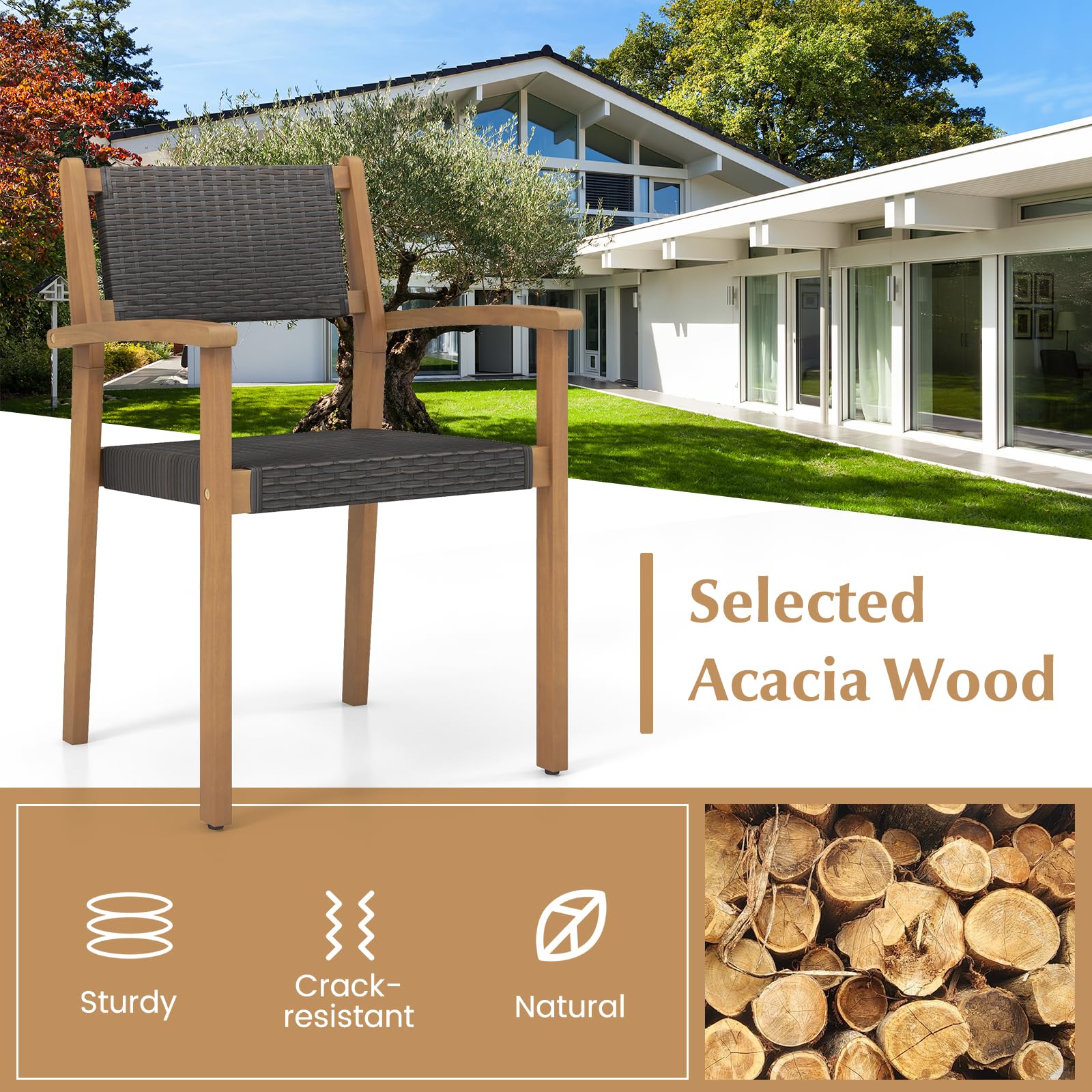 Giantex Stackable Outdoor Wicker Dining Chair Set, Rattan Armchairs w/Acacia Wood Frame